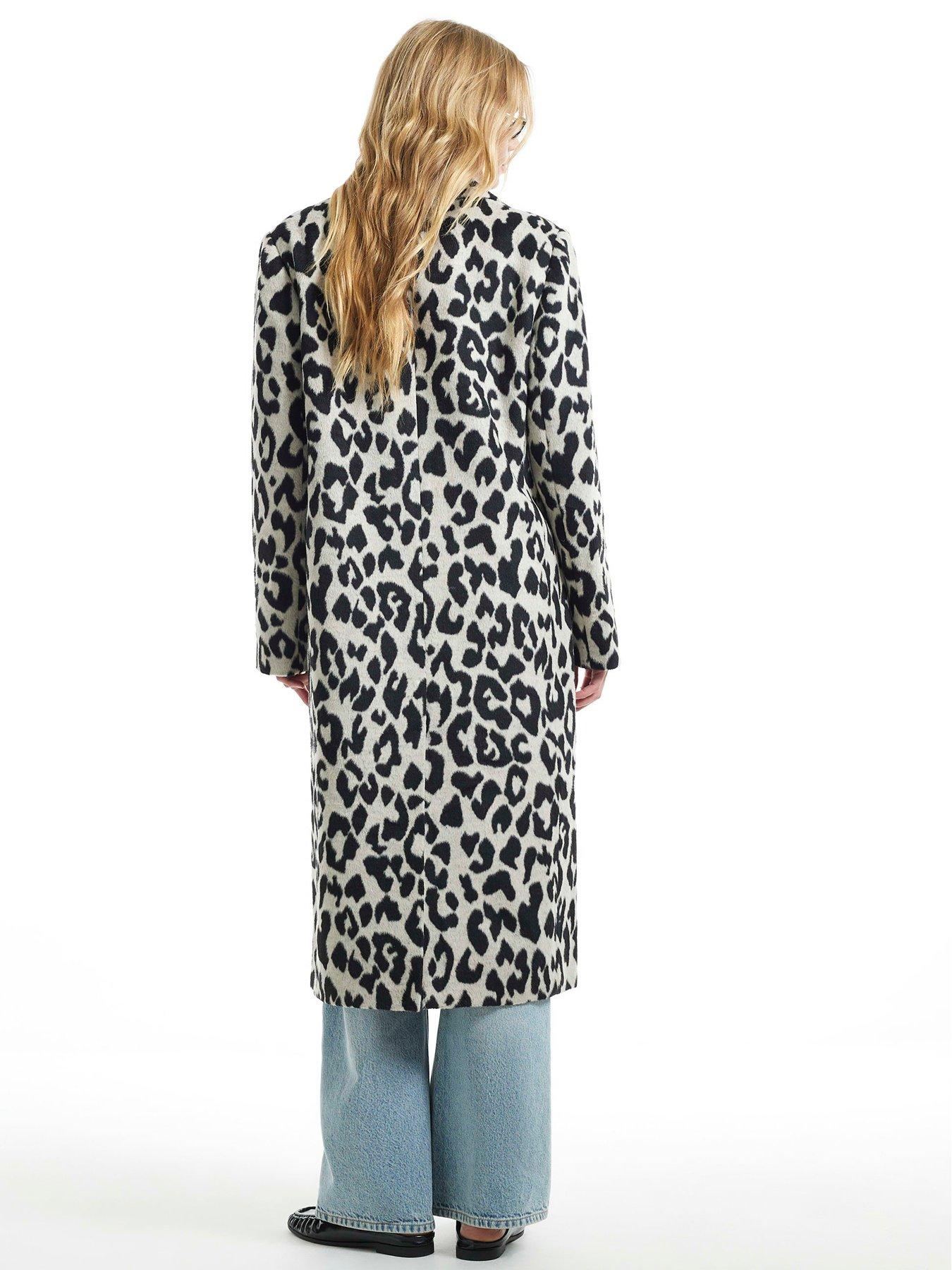 Image 2 of 6 of River Island Womens Leopard Longline Single-Breasted Duster Coat - Brown