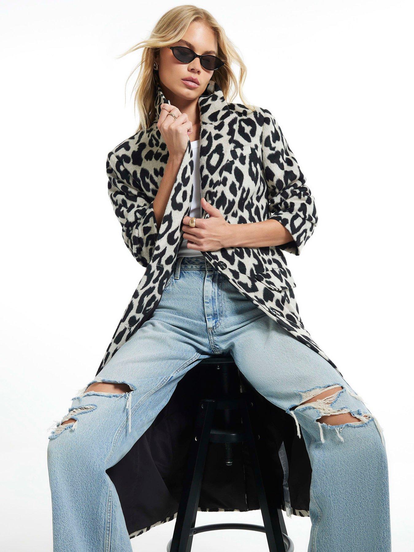 Image 3 of 6 of River Island Womens Leopard Longline Single-Breasted Duster Coat - Brown