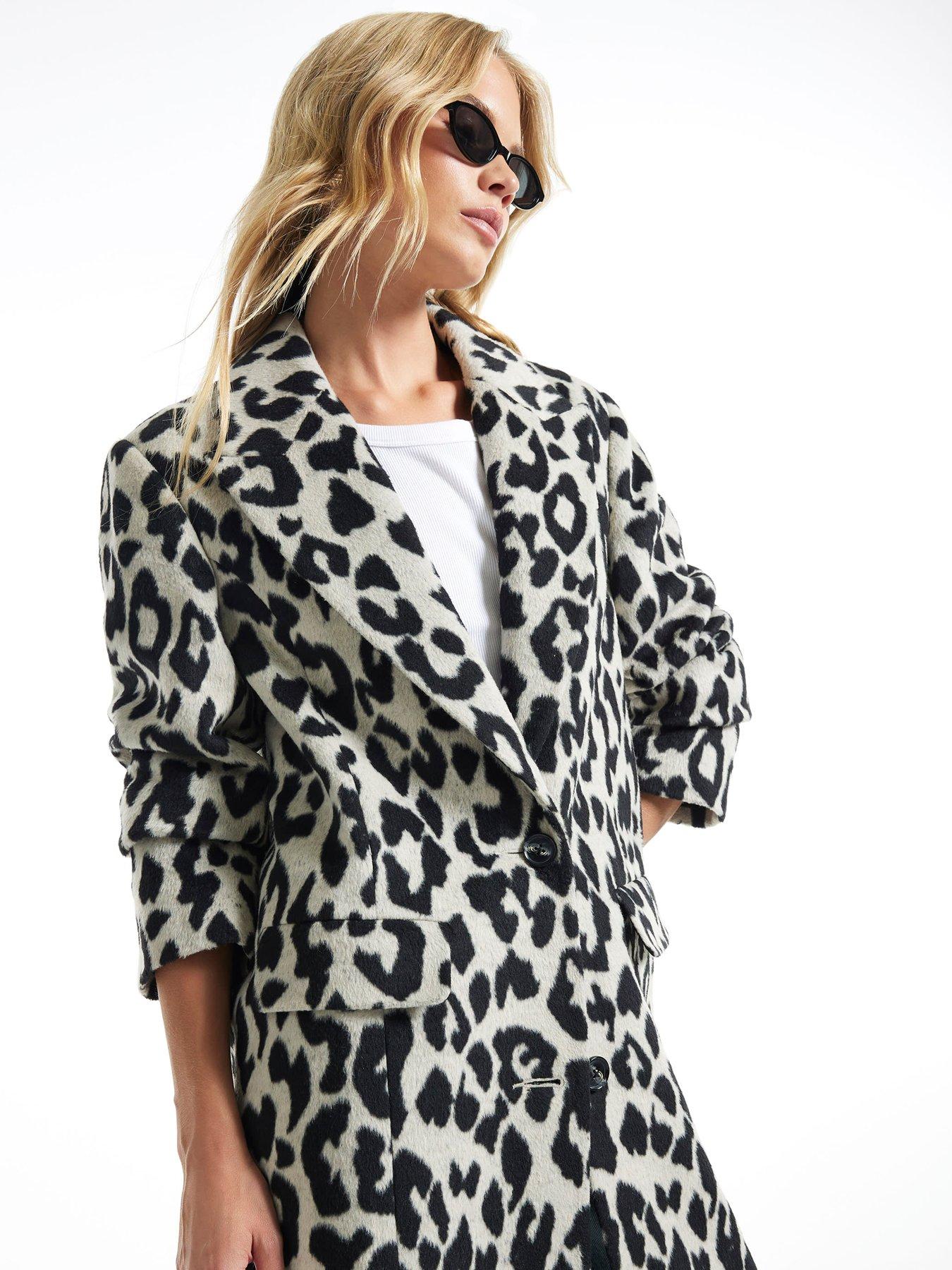 Image 4 of 6 of River Island Womens Leopard Longline Single-Breasted Duster Coat - Brown