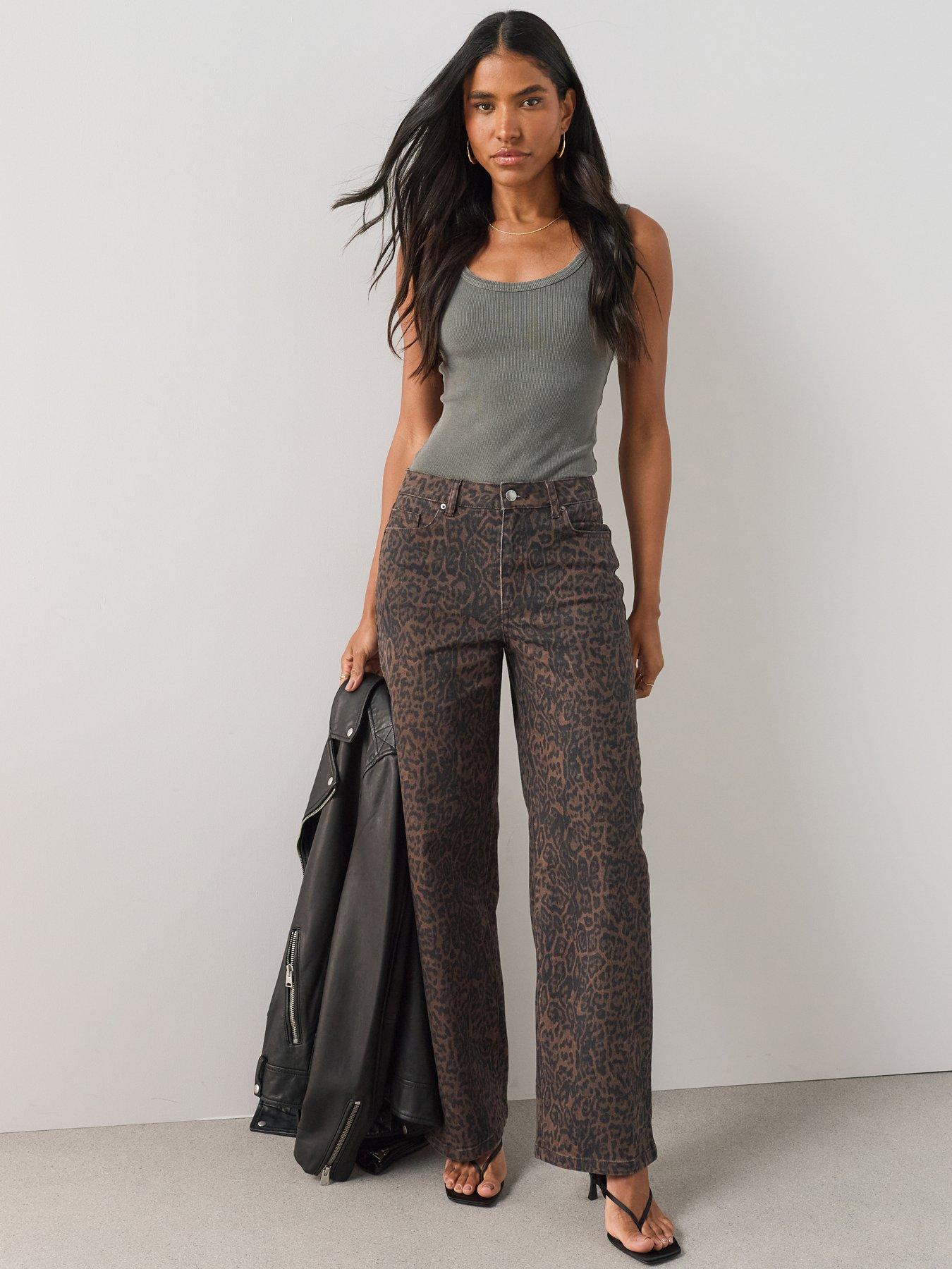 Image 1 of 7 of The Very Collection Short Leopard Print Straight Leg Jeans - Brown