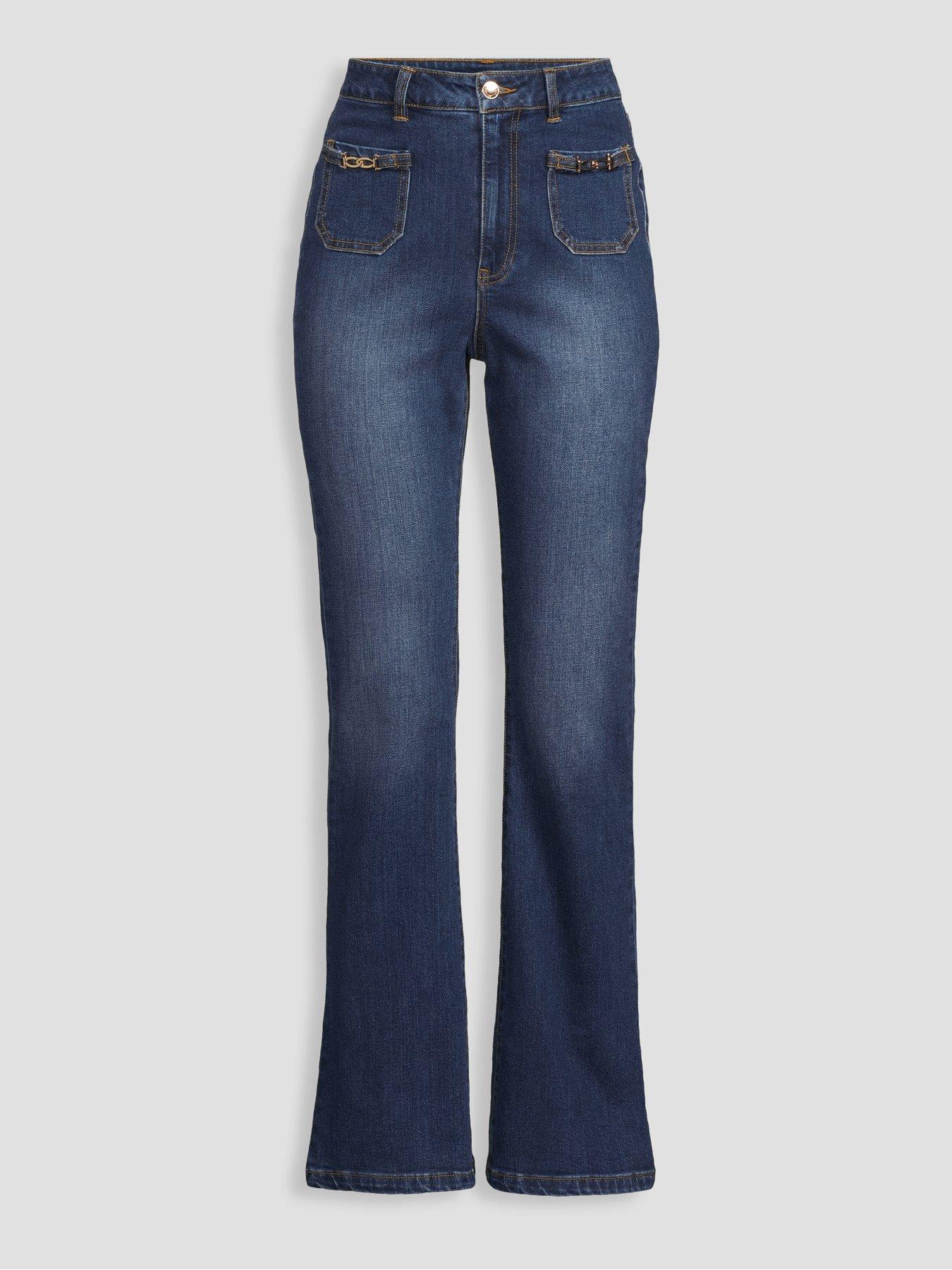 Image 7 of 7 of The Very Collection Women's Patch Pocket Flared Jeans with Horsebit Trim - Dark Wash
