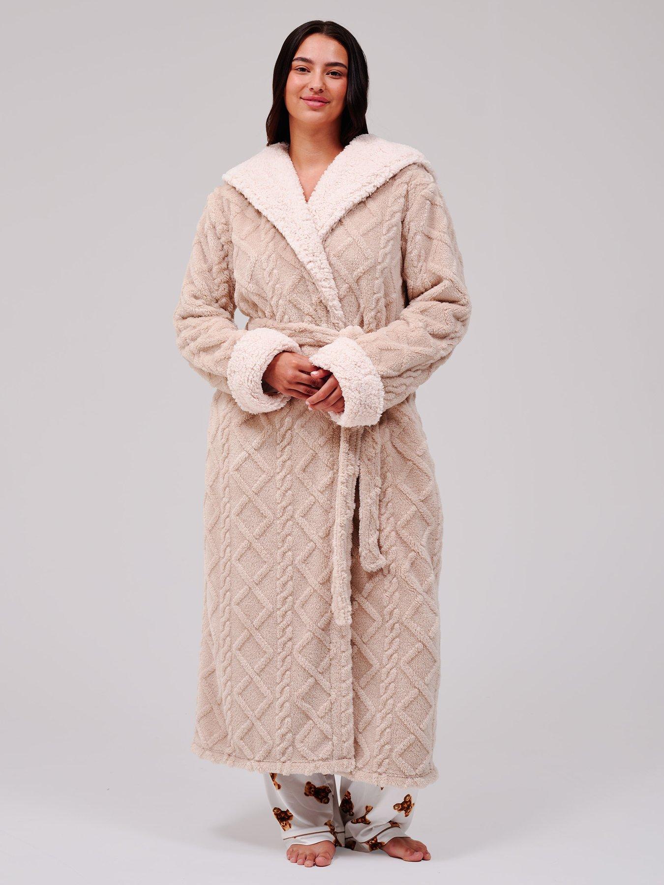 Loungeable Cable Cutwork Hooded Midi Dressing Gown - Beige