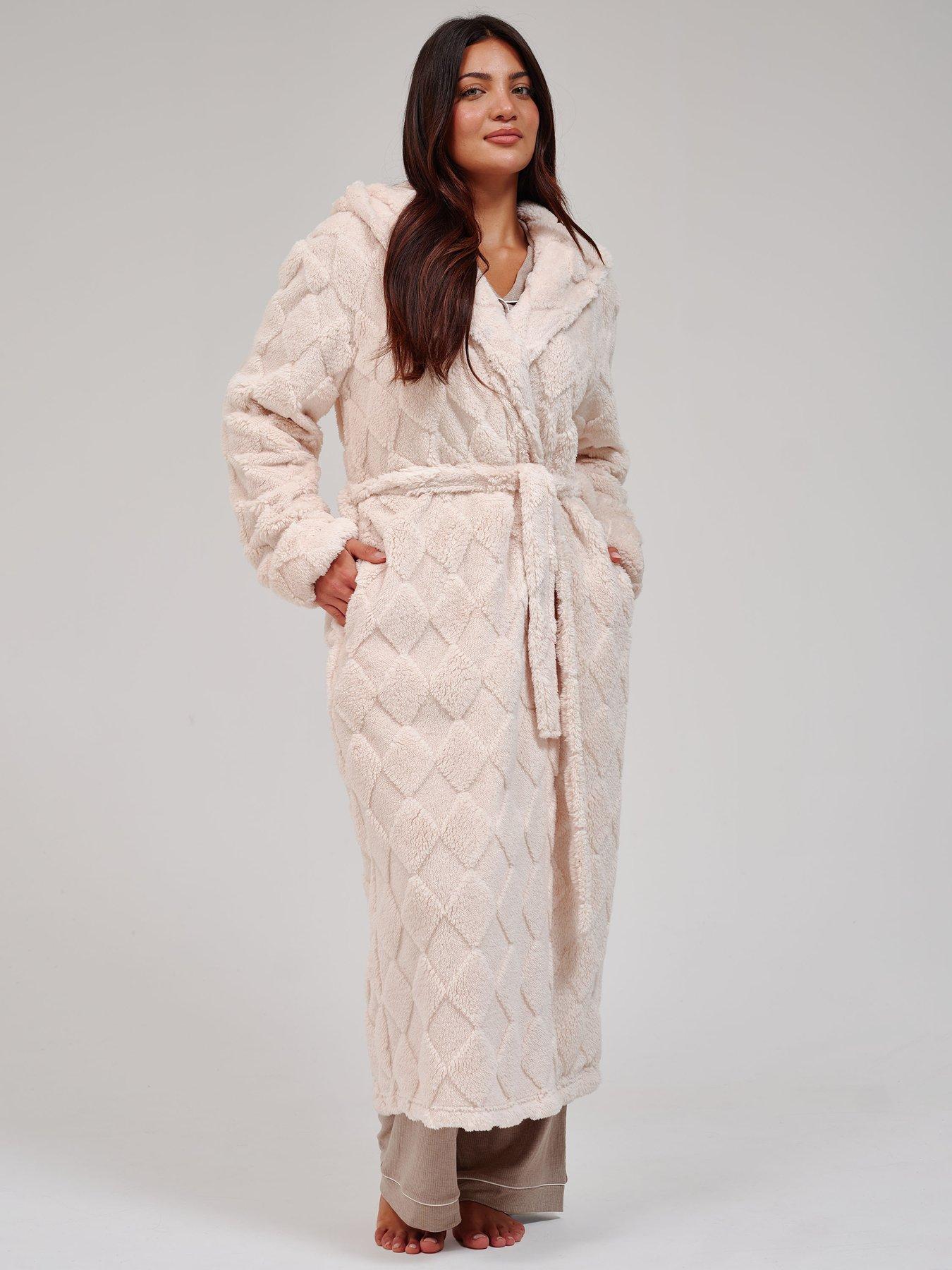 Loungeable Diamond Cut Fleece Hooded Maxi Robe - Cream