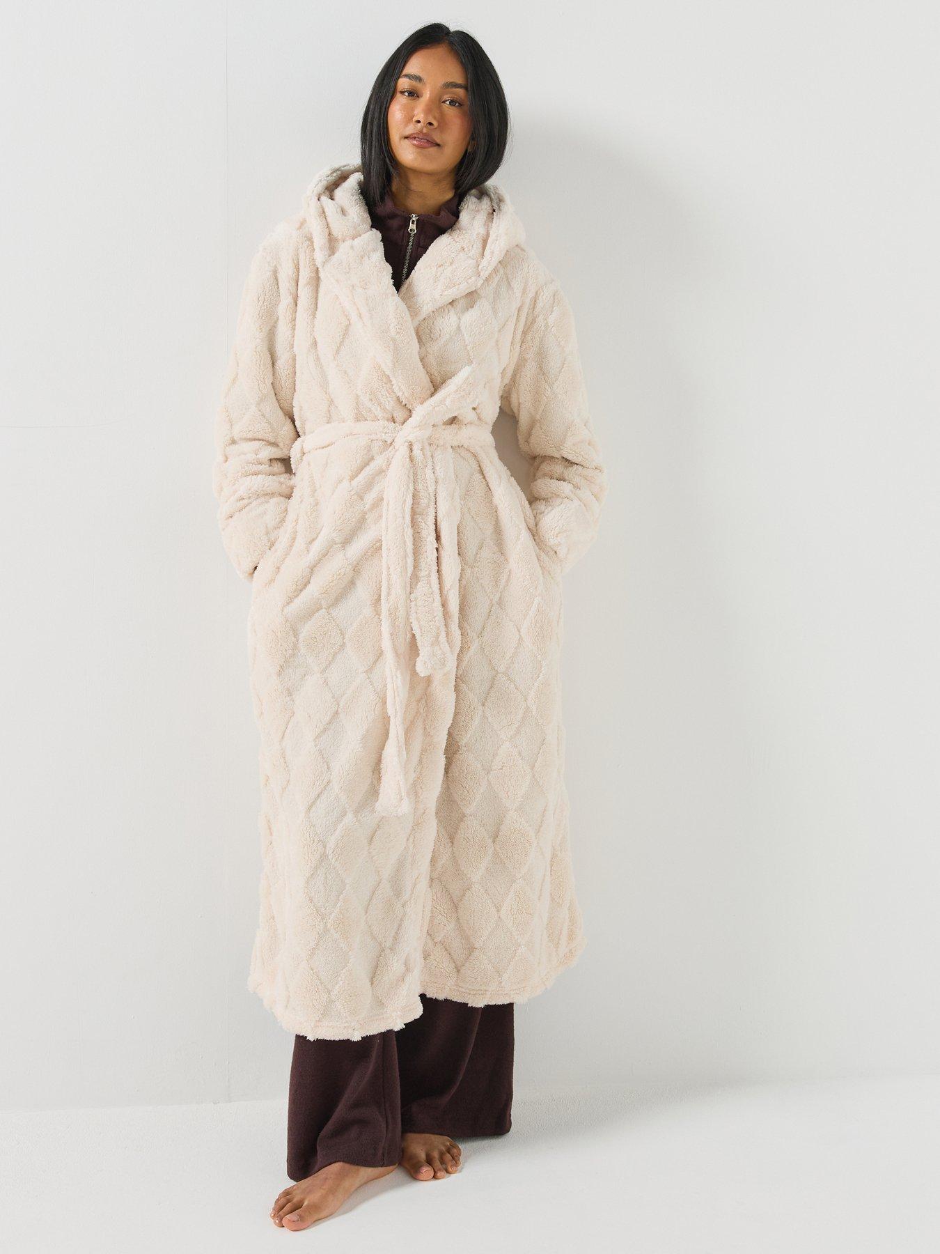 Image 1 of 6 of Loungeable Womens Diamond Cut Hooded Maxi Dressing Gown - Cream