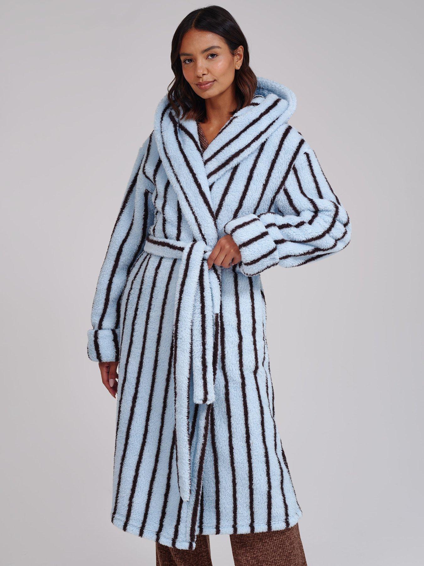 Image 1 of 6 of Loungeable Chunky Sherpa Stripe Midi Hooded Dressing Gown - Blue