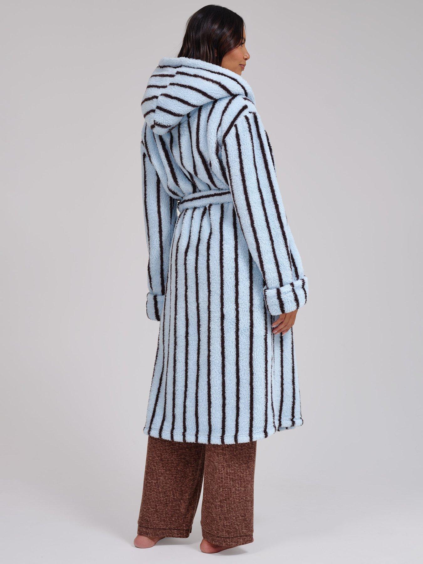 Image 2 of 6 of Loungeable Chunky Sherpa Stripe Midi Hooded Dressing Gown - Blue