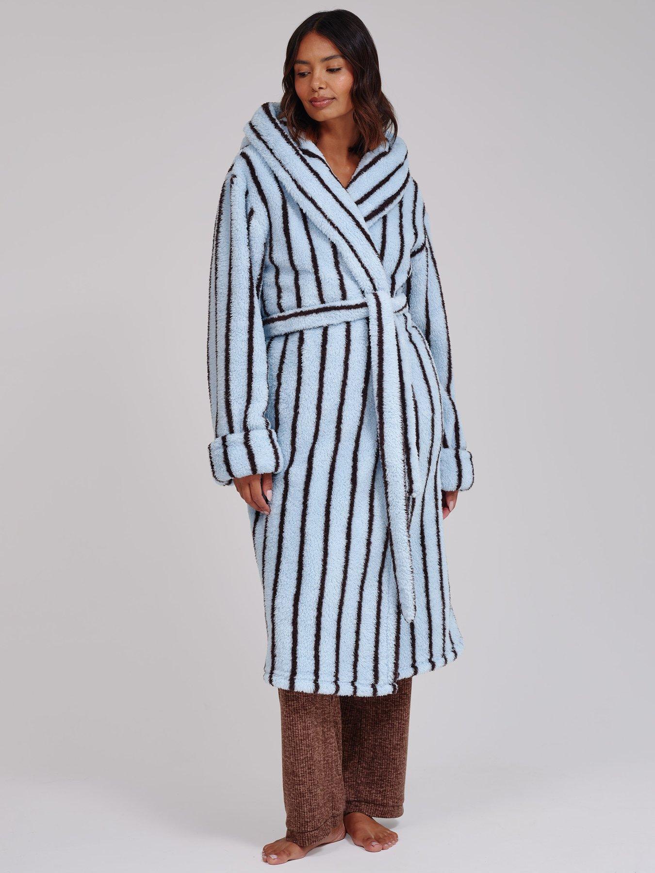 Image 3 of 6 of Loungeable Chunky Sherpa Stripe Midi Hooded Dressing Gown - Blue