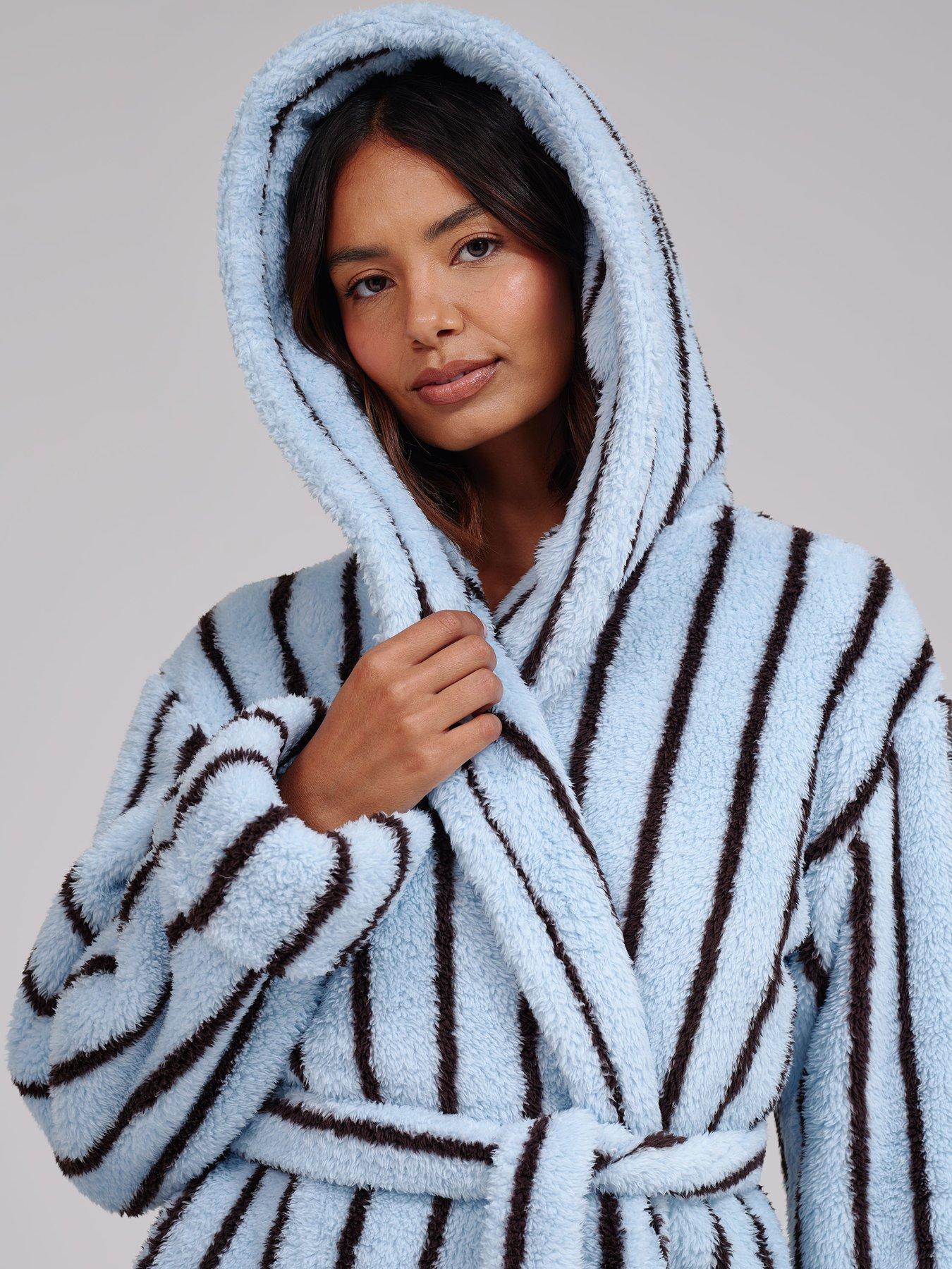 Image 4 of 6 of Loungeable Chunky Sherpa Stripe Midi Hooded Dressing Gown - Blue