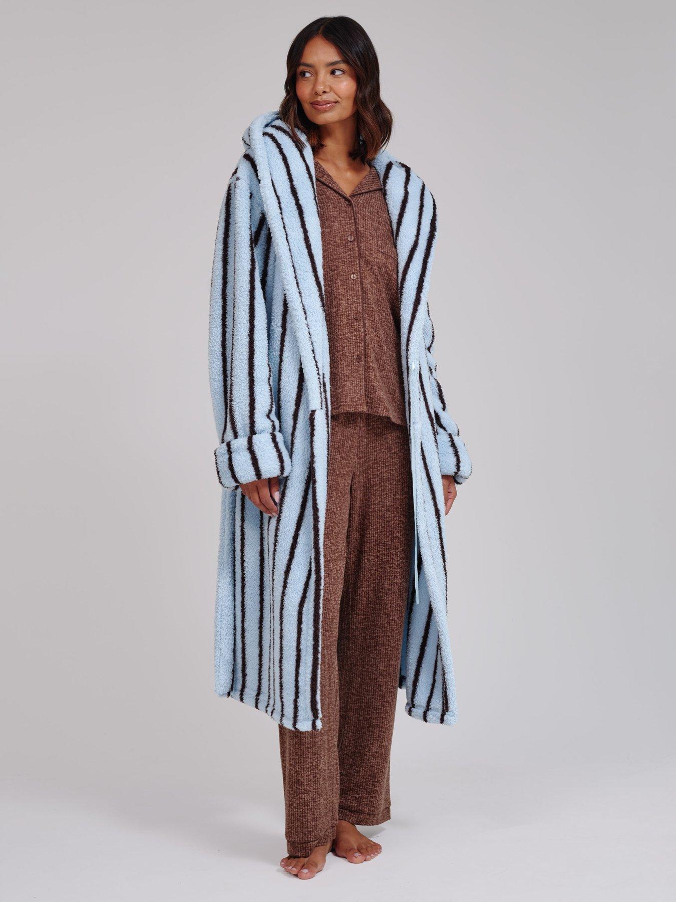Image 6 of 6 of Loungeable Chunky Sherpa Stripe Midi Hooded Dressing Gown - Blue