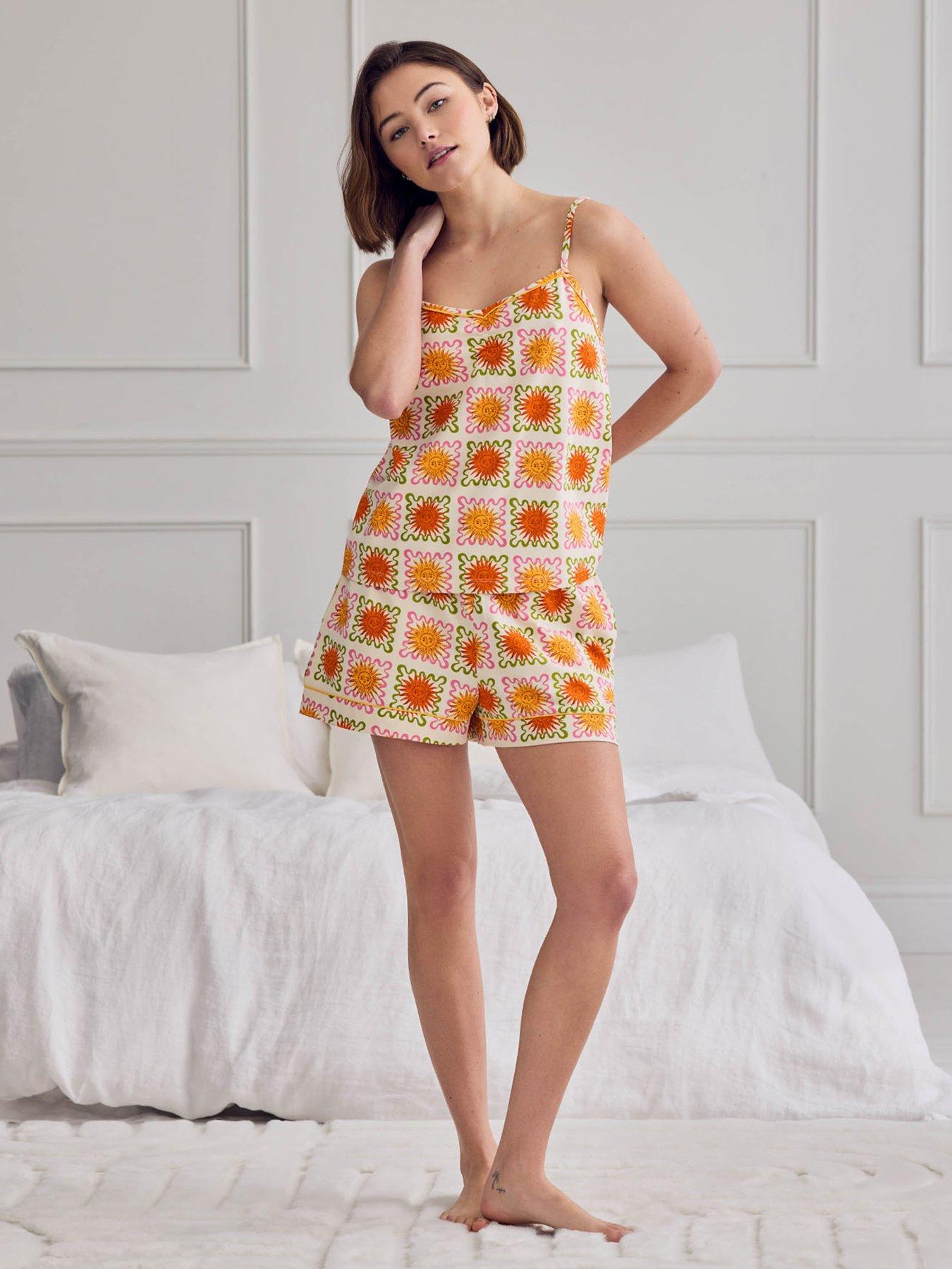 Image 1 of 6 of CHELSEA PEERS Cotton Sunshine Tile Print Cami Short Pyjama Set - Off White