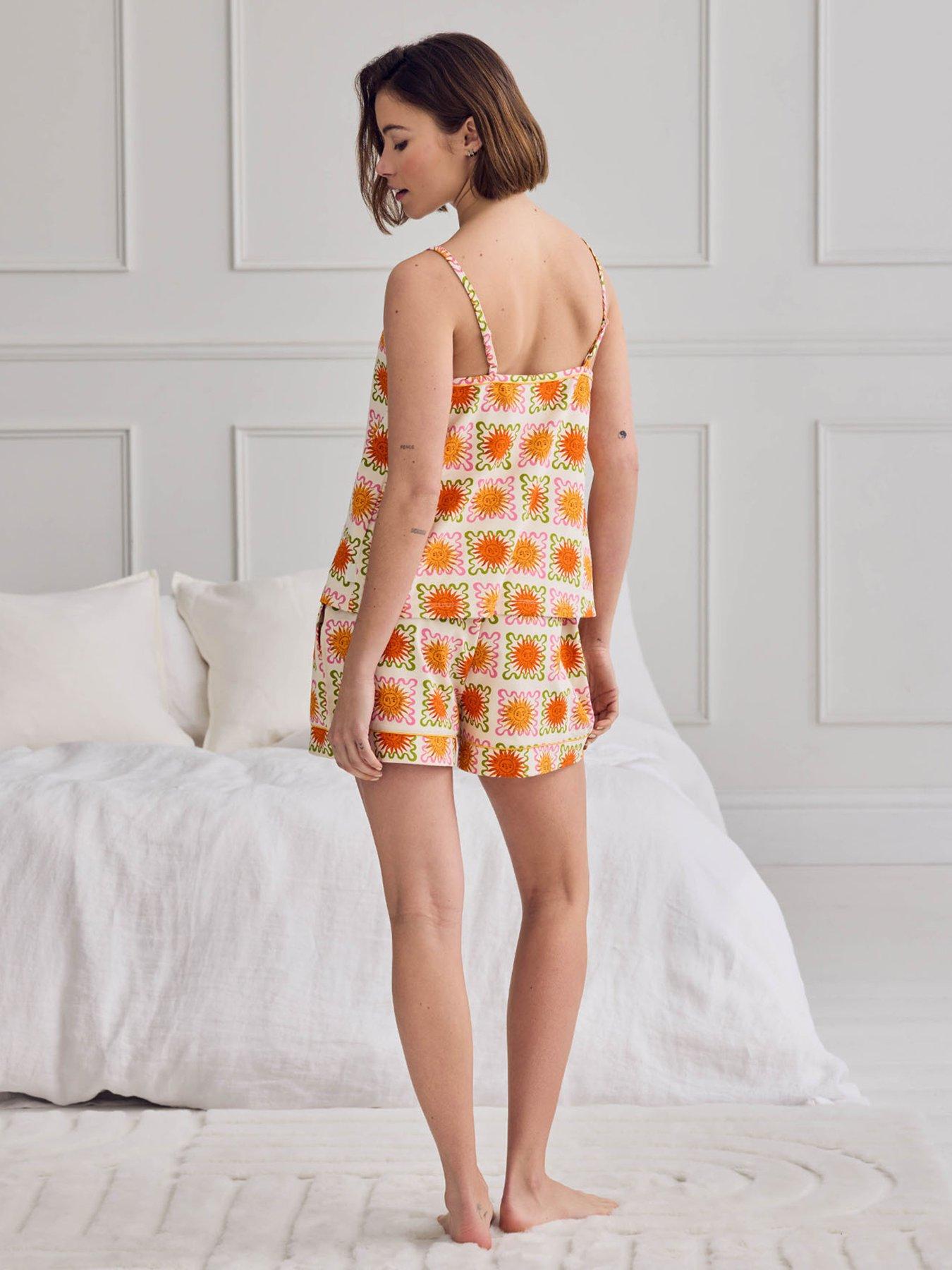 Image 2 of 6 of CHELSEA PEERS Cotton Sunshine Tile Print Cami Short Pyjama Set - Off White