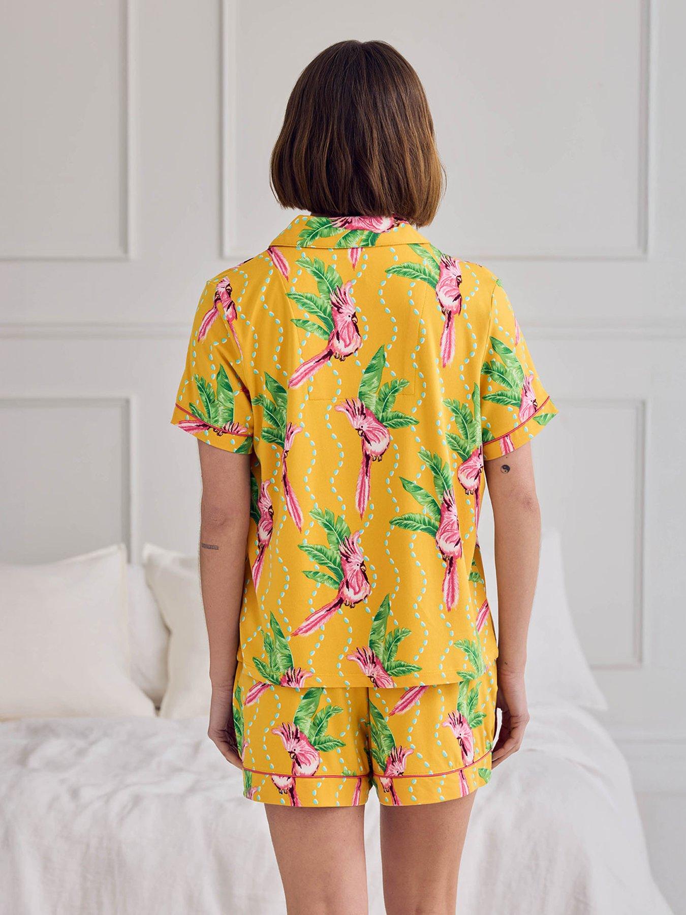 Image 2 of 6 of CHELSEA PEERS Parrot Wavy Stripe Print Short Pyjama Set - Orange