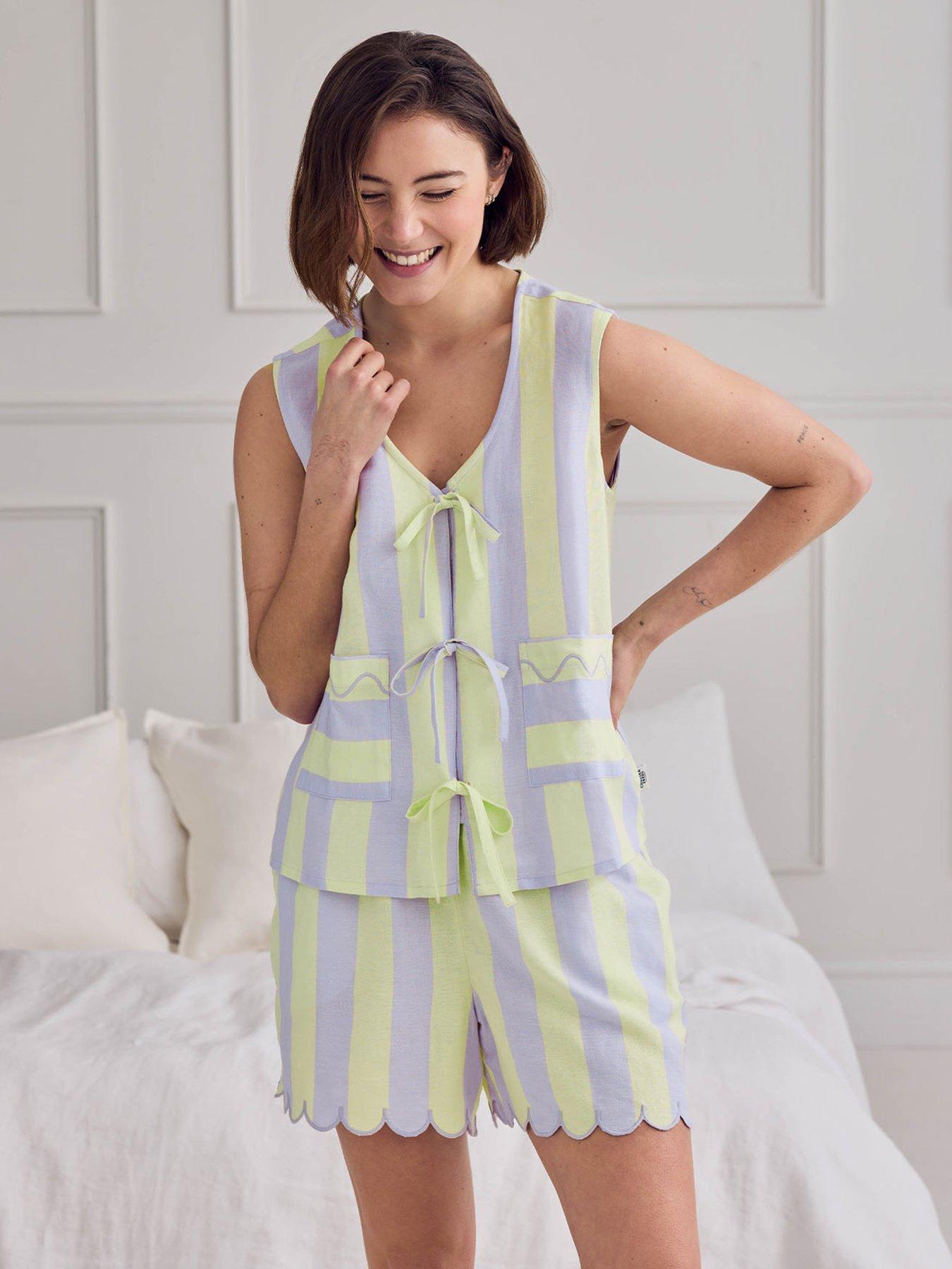 CHELSEA PEERS Linen Blend Scallop Edge Tie-front Stripe Cami Short Pyjama Set - Lilac - Orange