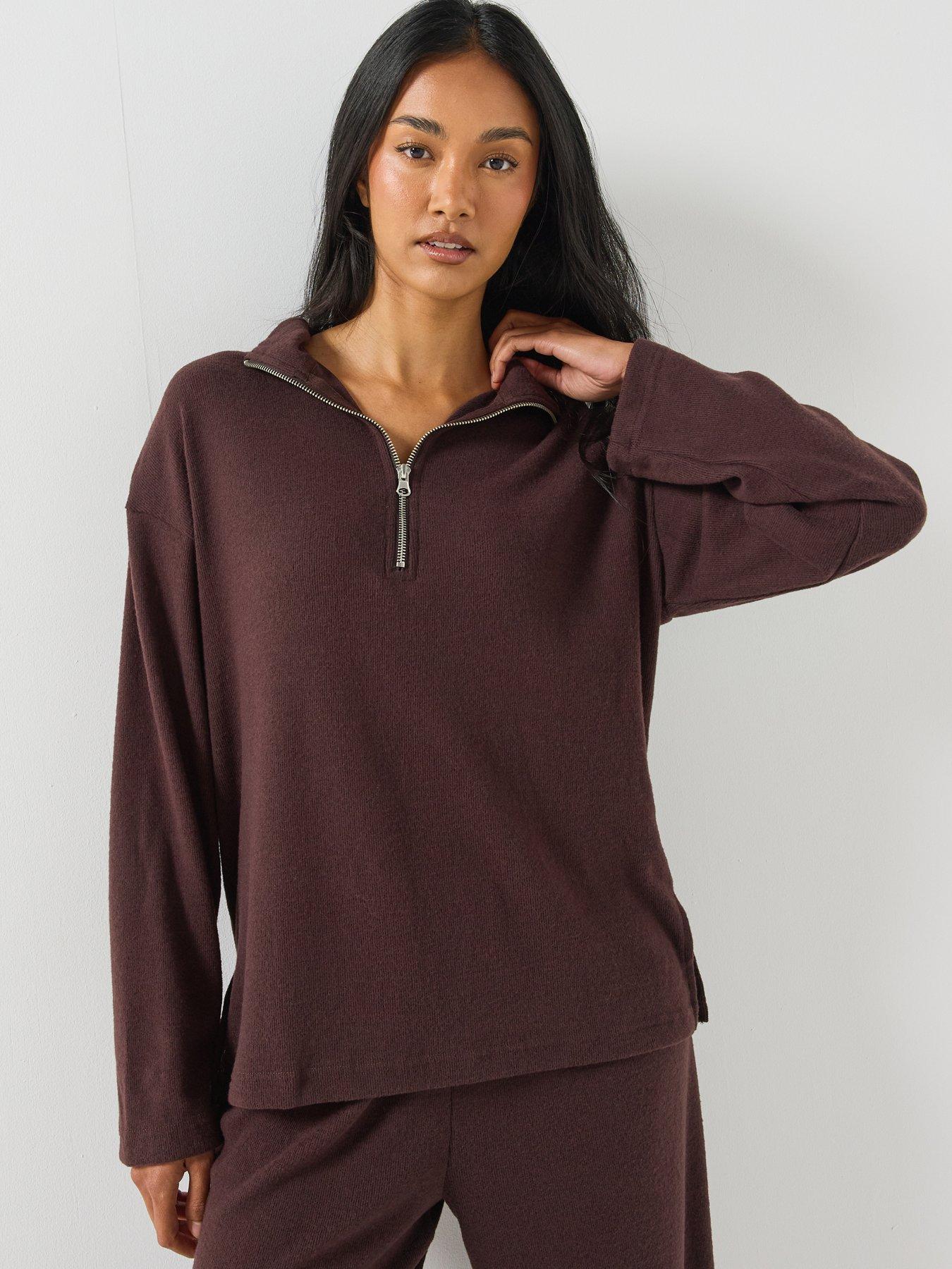 Image 1 of 6 of Loungeable Womens Half Zip Soft Touch Wide Leg Pyjama Set - Brown
