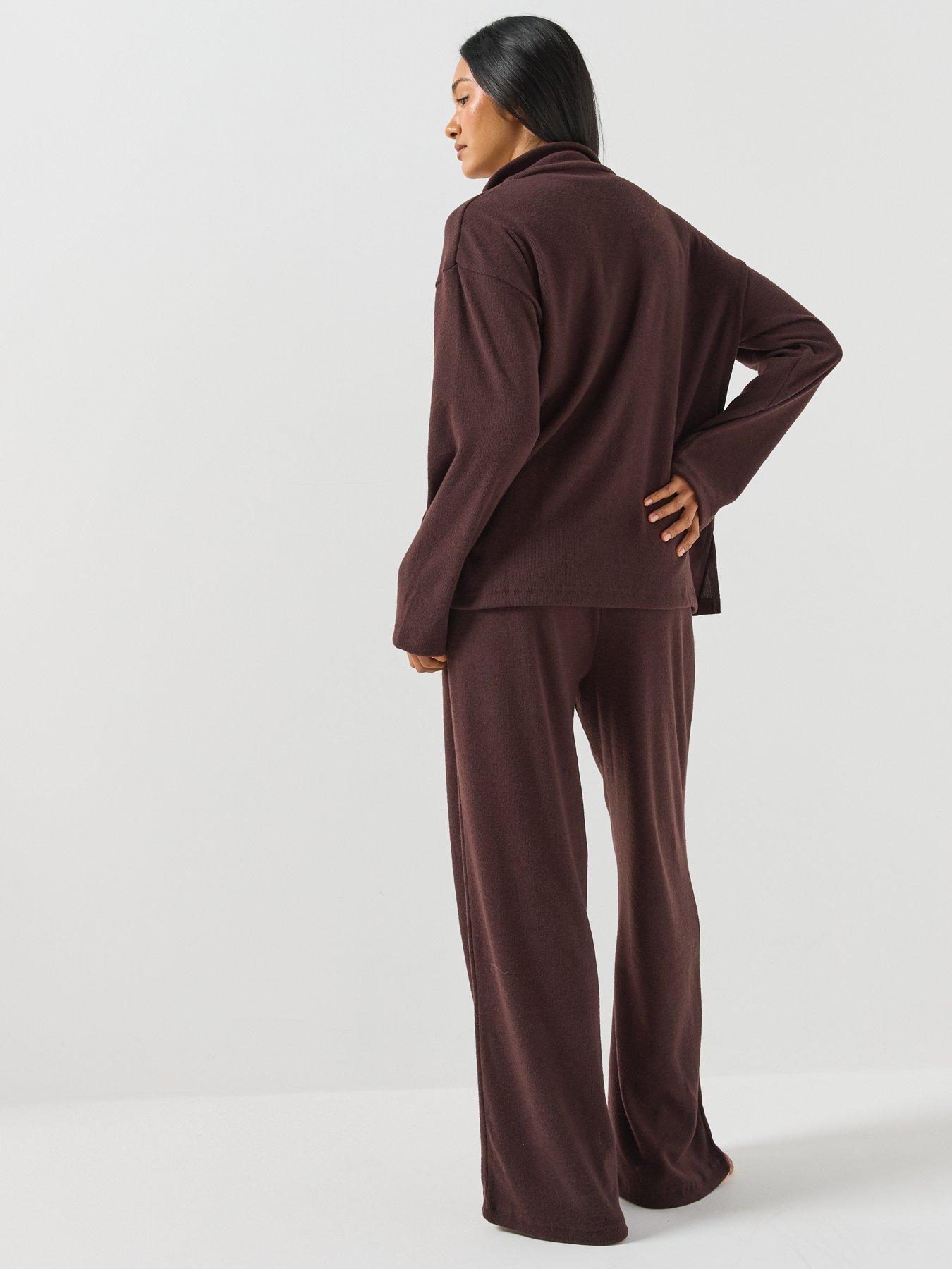Image 2 of 6 of Loungeable Womens Half Zip Soft Touch Wide Leg Pyjama Set - Brown