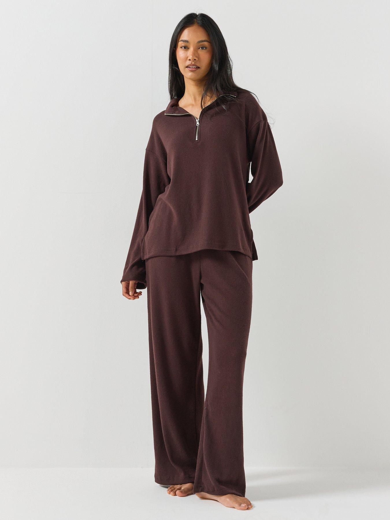 Image 3 of 6 of Loungeable Womens Half Zip Soft Touch Wide Leg Pyjama Set - Brown