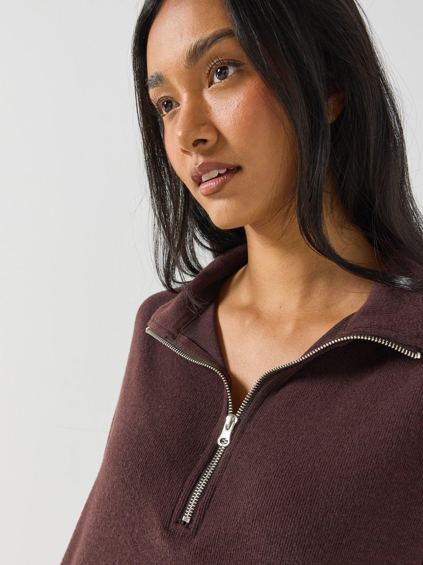Image 4 of 6 of Loungeable Womens Half Zip Soft Touch Wide Leg Pyjama Set - Brown