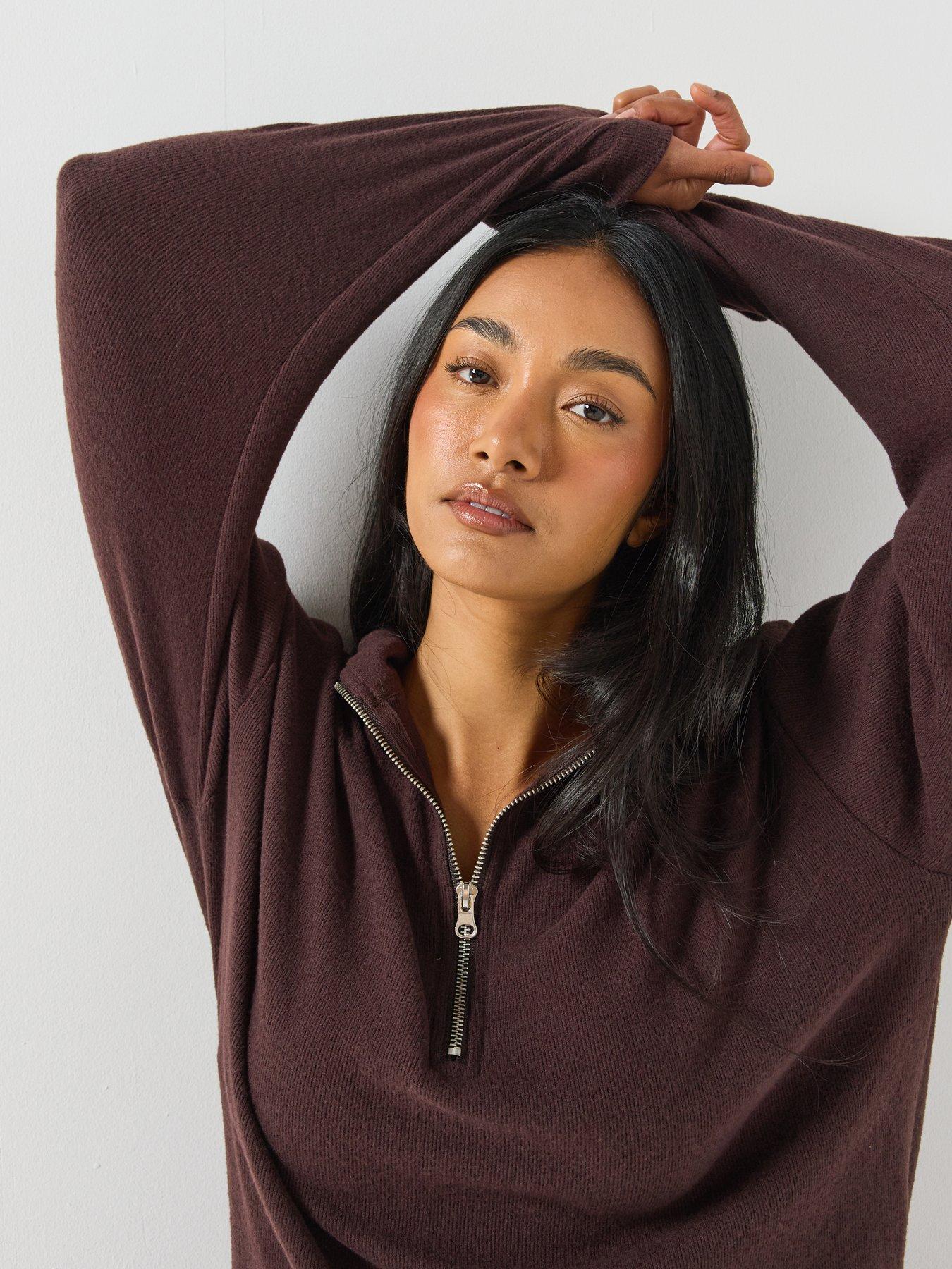 Image 5 of 6 of Loungeable Womens Half Zip Soft Touch Wide Leg Pyjama Set - Brown