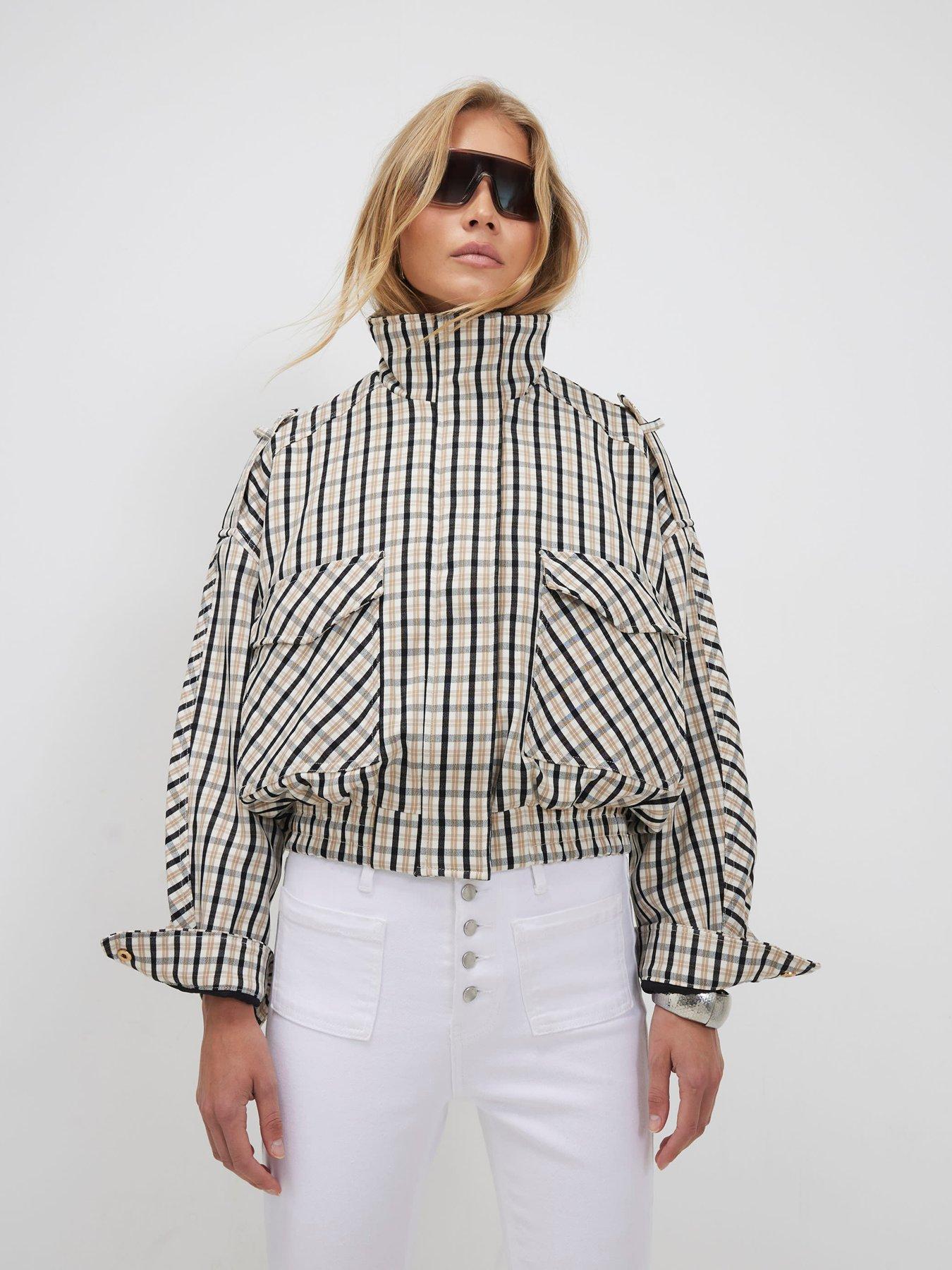 River Island Check Funnel Bomber - Cream