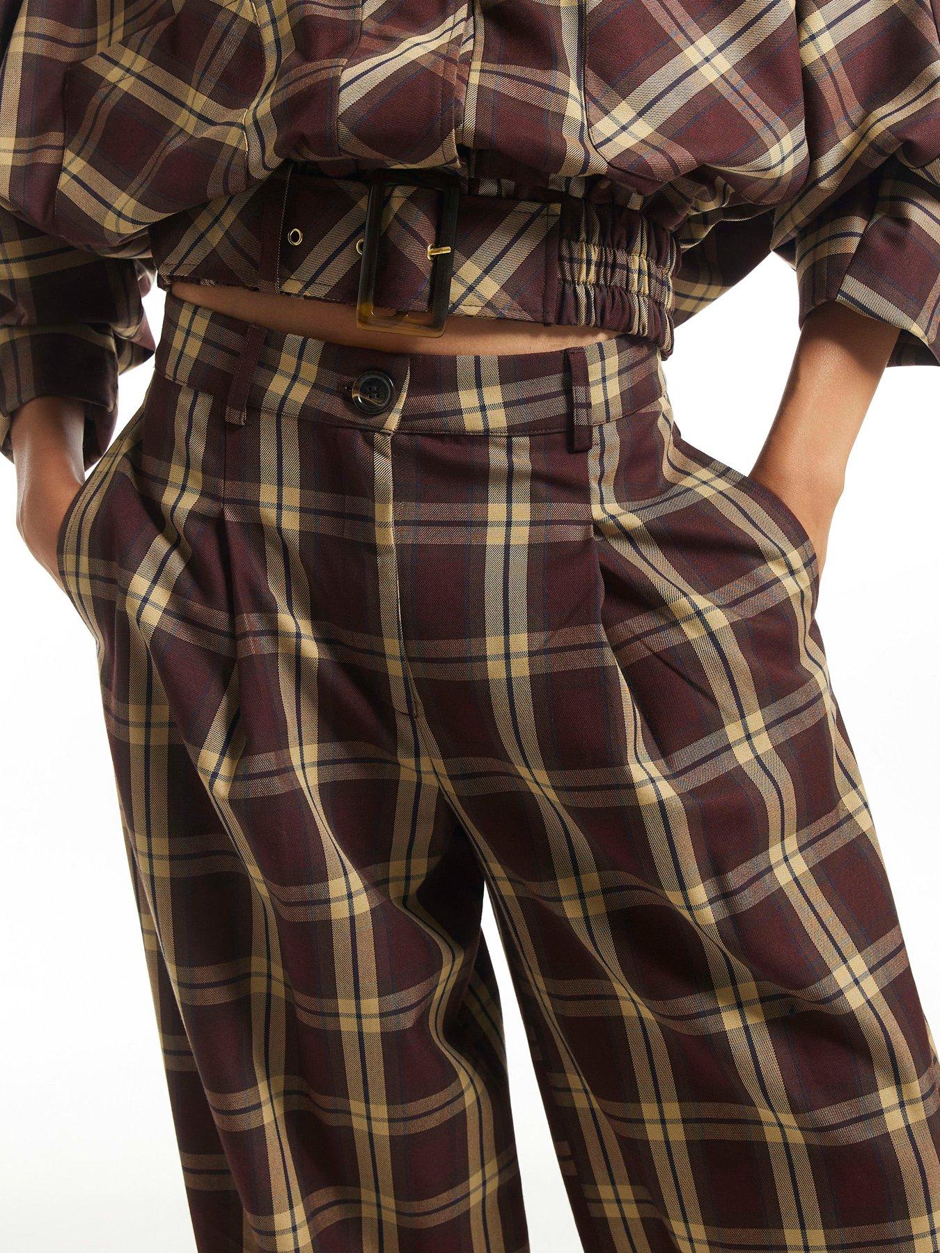 Image 4 of 6 of River Island Womens Check Barrel Leg Wide Leg Trousers - Brown