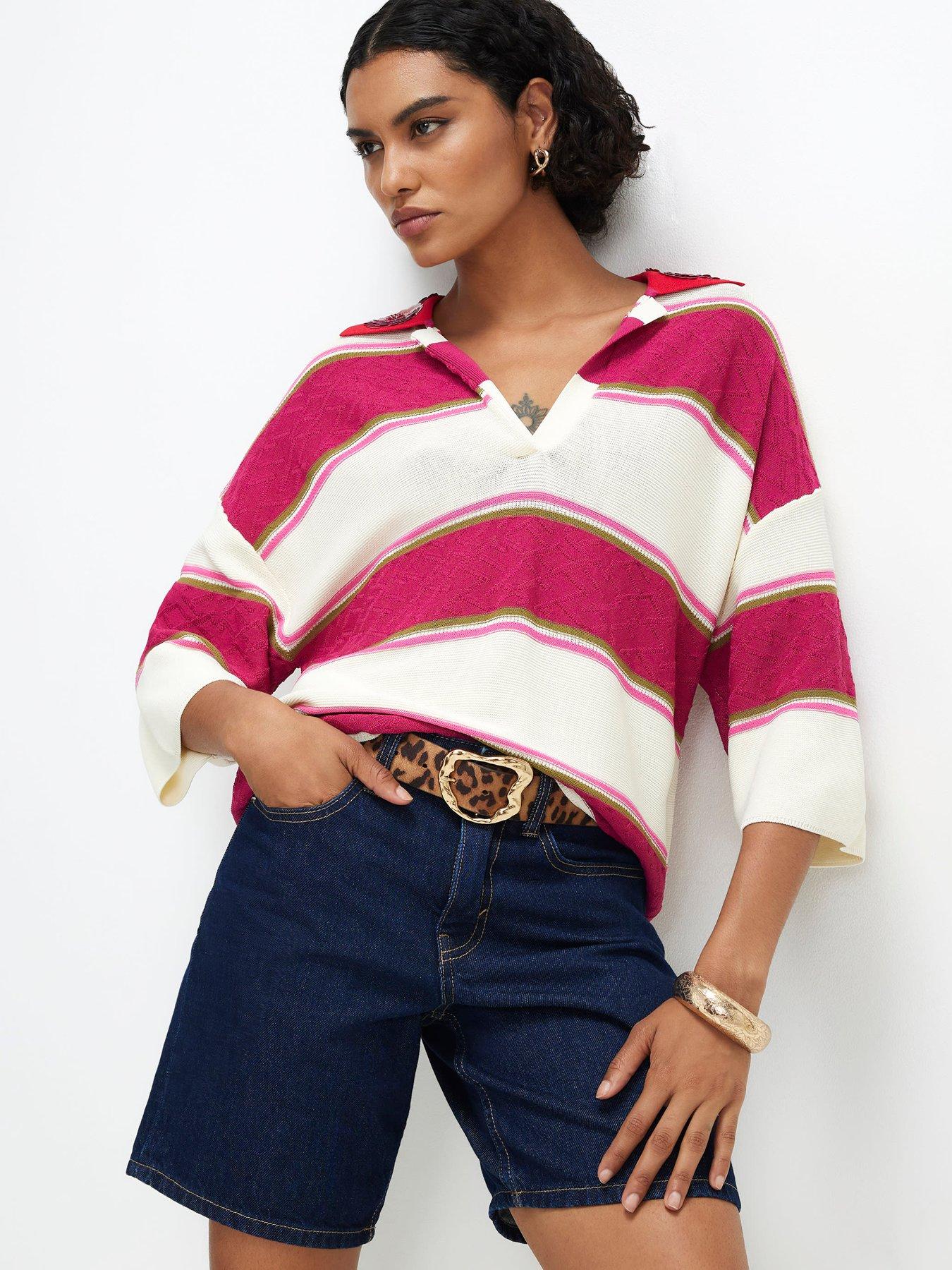 River Island Stripe Knit Diamante Collar Polo Top - Pink