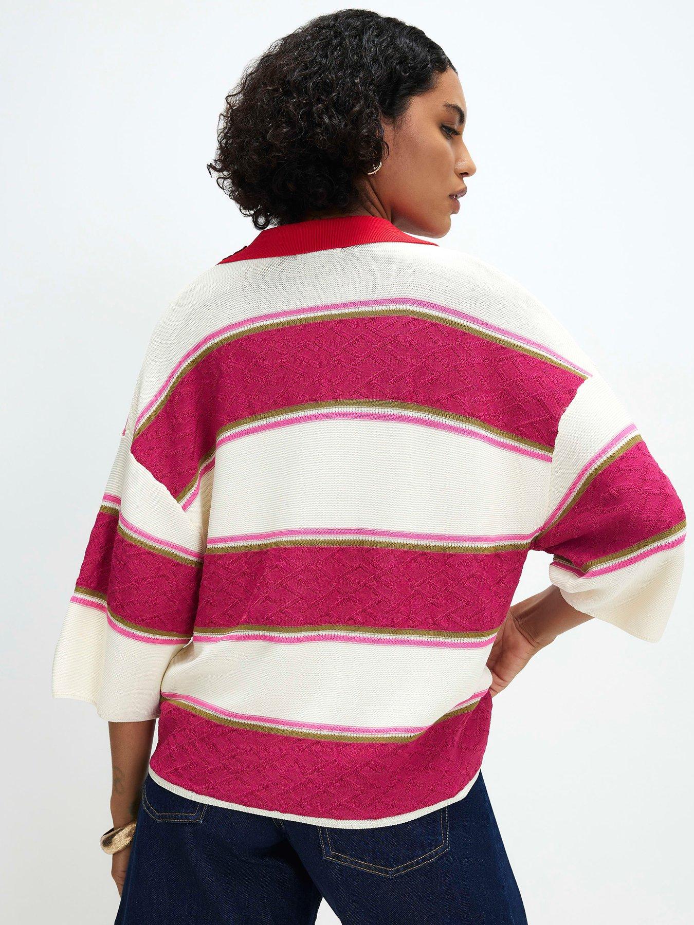 Image 2 of 6 of River Island Stripe Knit Diamante Collar Polo Top - Pink