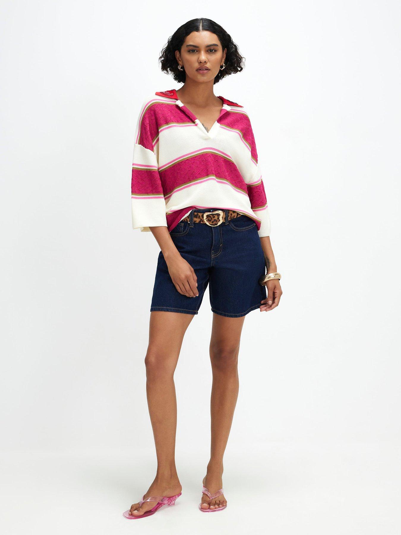 Image 3 of 6 of River Island Stripe Knit Diamante Collar Polo Top - Pink
