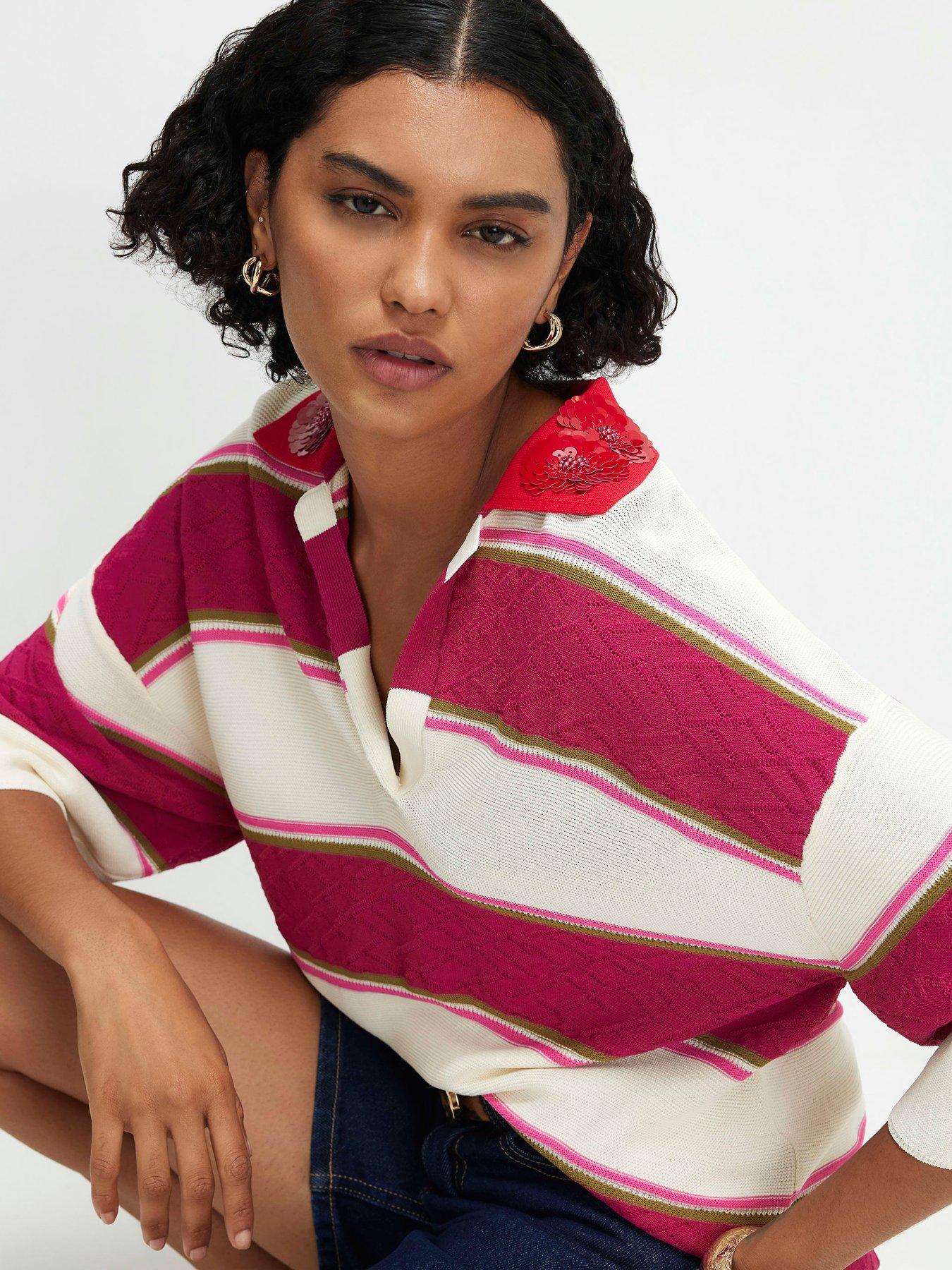 Image 4 of 6 of River Island Stripe Knit Diamante Collar Polo Top - Pink