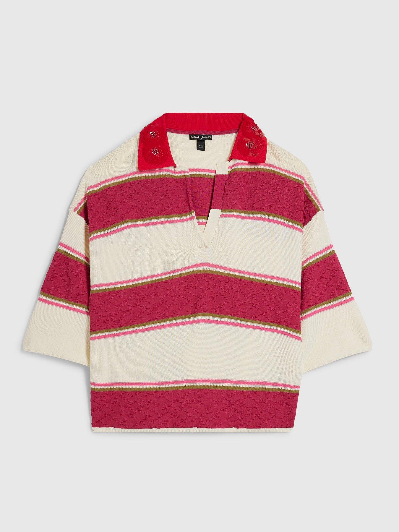 Image 5 of 6 of River Island Stripe Knit Diamante Collar Polo Top - Pink
