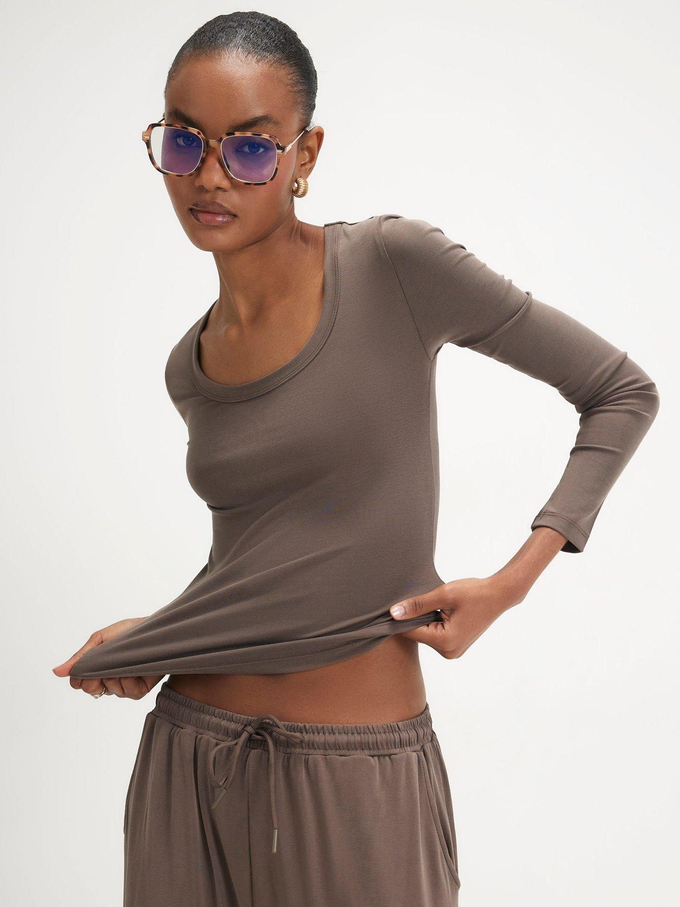 River Island Long Sleeve Soft Touch Scoop Neck Top - Brown