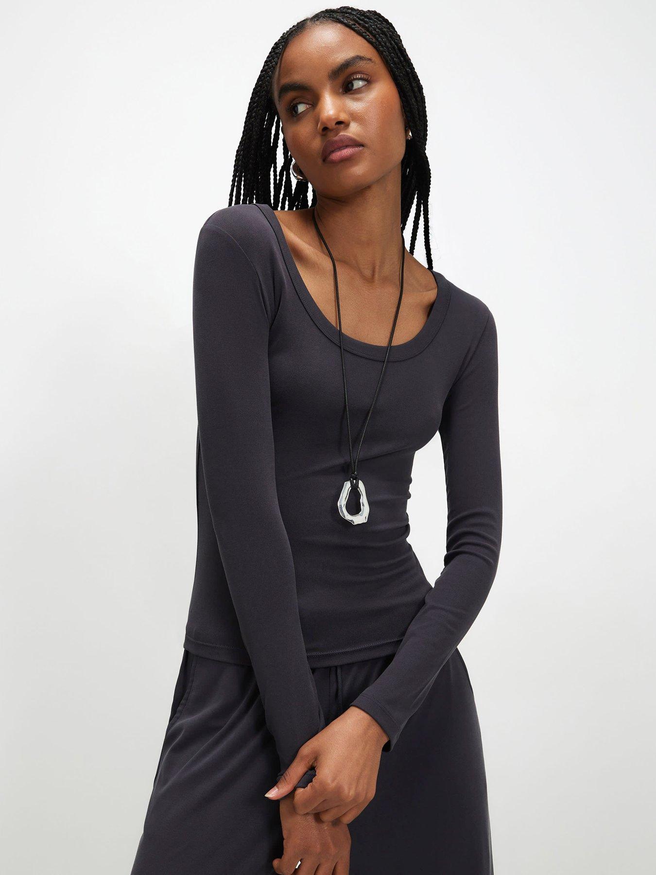River Island Long Sleeve Soft Touch Scoop Neck Top - Grey