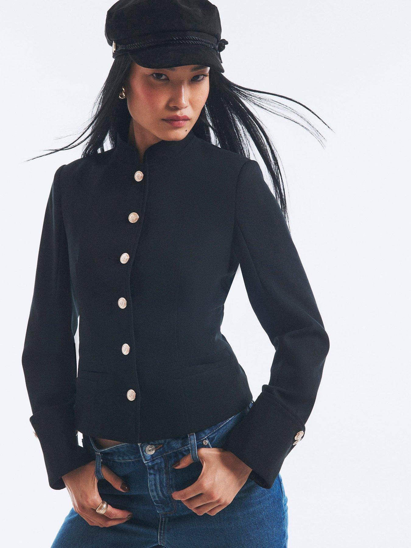 Image 1 of 6 of River Island Womens High Neck Button Through Military Jacket - Black