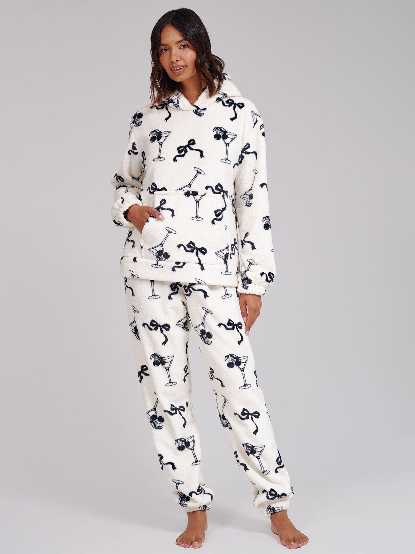 Image 1 of 6 of Loungeable Martini Bow Printed Flannel Fleece Hoodie &amp; Joggers Lounge Set - Multi