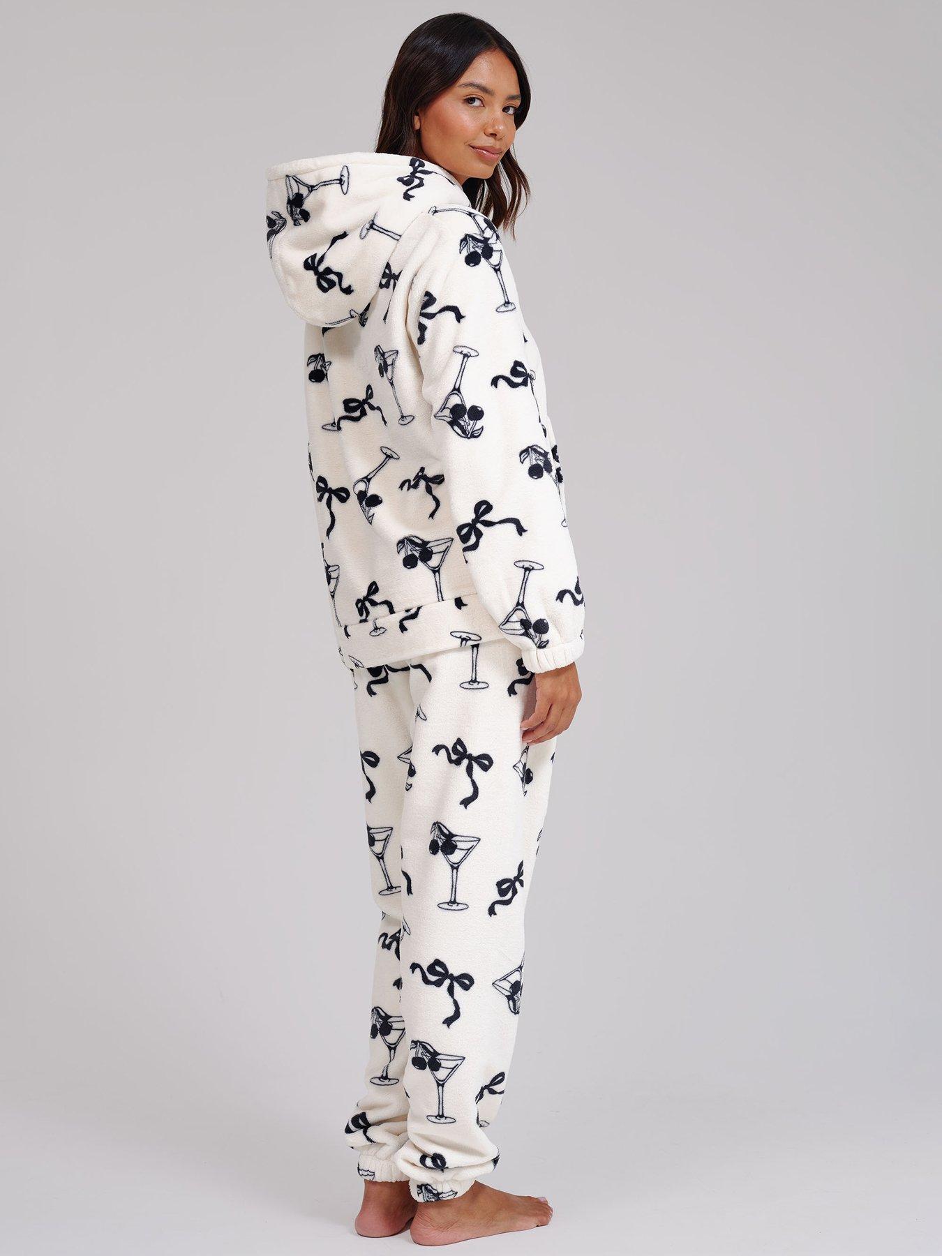 Image 2 of 6 of Loungeable Martini Bow Printed Flannel Fleece Hoodie &amp; Joggers Lounge Set - Multi