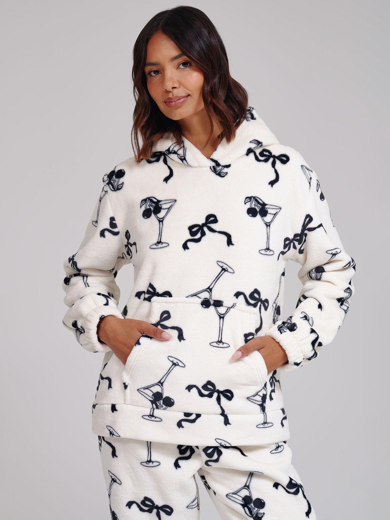Image 3 of 6 of Loungeable Martini Bow Printed Flannel Fleece Hoodie &amp; Joggers Lounge Set - Multi