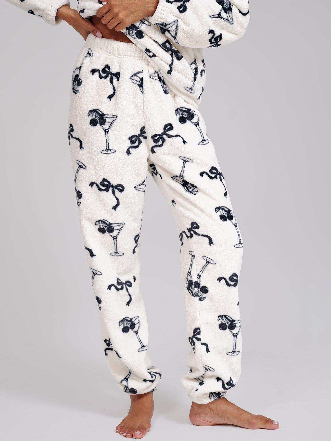 Image 4 of 6 of Loungeable Martini Bow Printed Flannel Fleece Hoodie &amp; Joggers Lounge Set - Multi