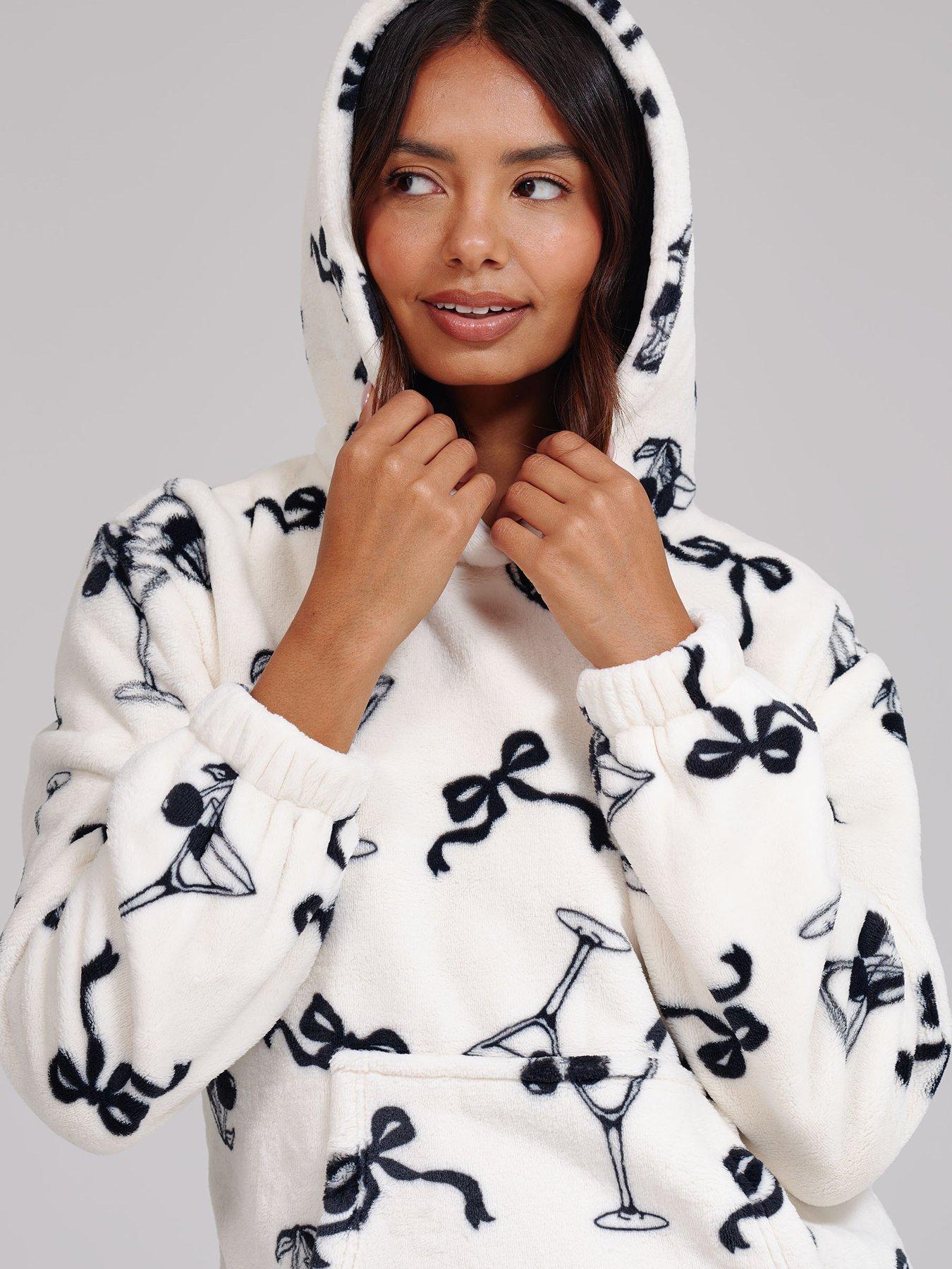 Image 5 of 6 of Loungeable Martini Bow Printed Flannel Fleece Hoodie &amp; Joggers Lounge Set - Multi