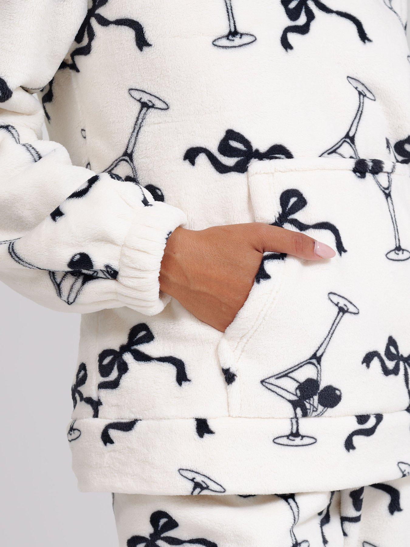 Image 6 of 6 of Loungeable Martini Bow Printed Flannel Fleece Hoodie &amp; Joggers Lounge Set - Multi