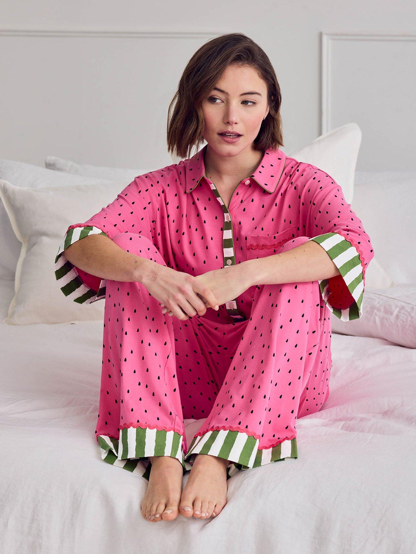 Image 1 of 6 of CHELSEA PEERS Cotton Watermelon Print Long Pyjama Set - Pink