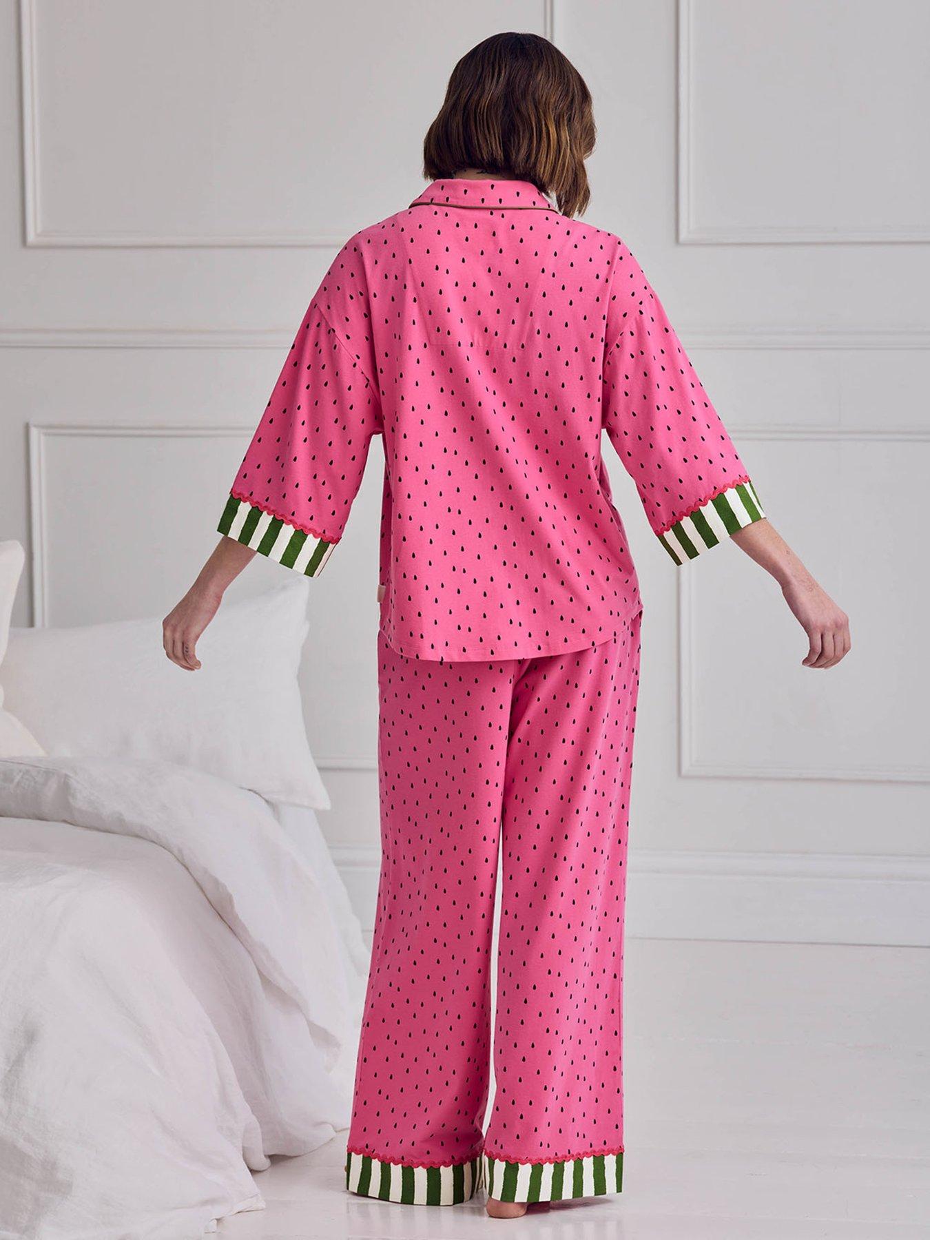 Image 2 of 6 of CHELSEA PEERS Cotton Watermelon Print Long Pyjama Set - Pink