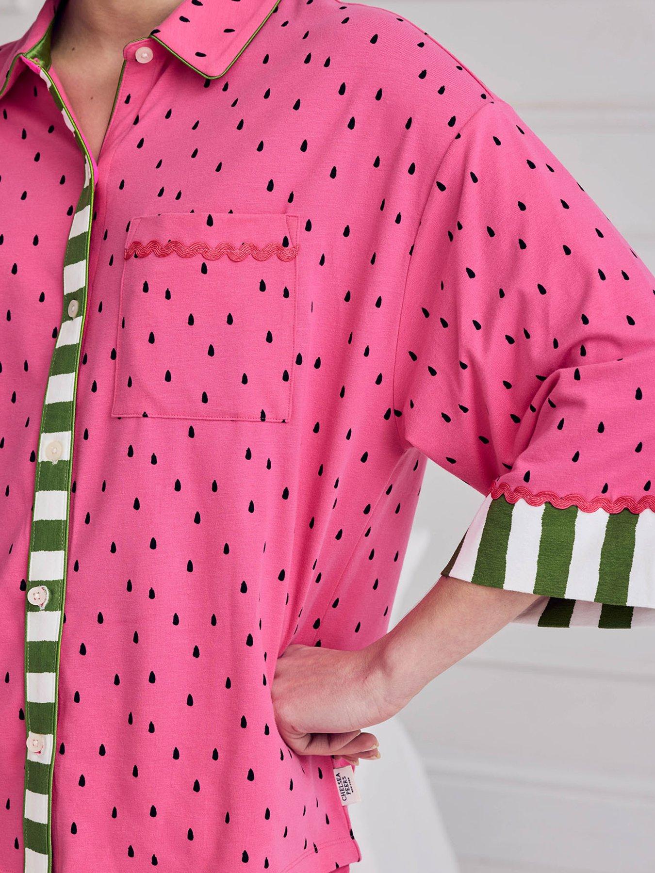 Image 4 of 6 of CHELSEA PEERS Cotton Watermelon Print Long Pyjama Set - Pink