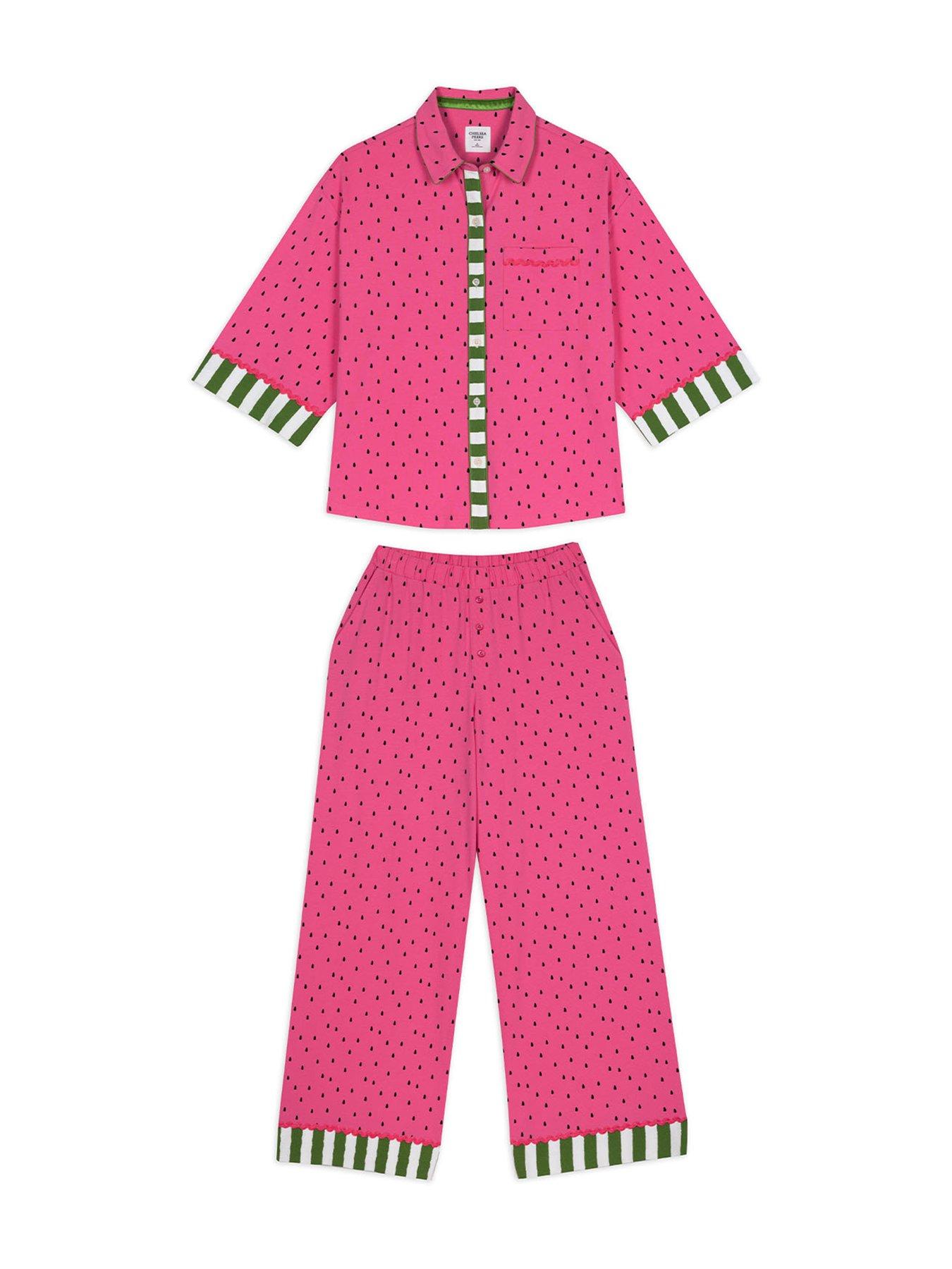 Image 6 of 6 of CHELSEA PEERS Cotton Watermelon Print Long Pyjama Set - Pink