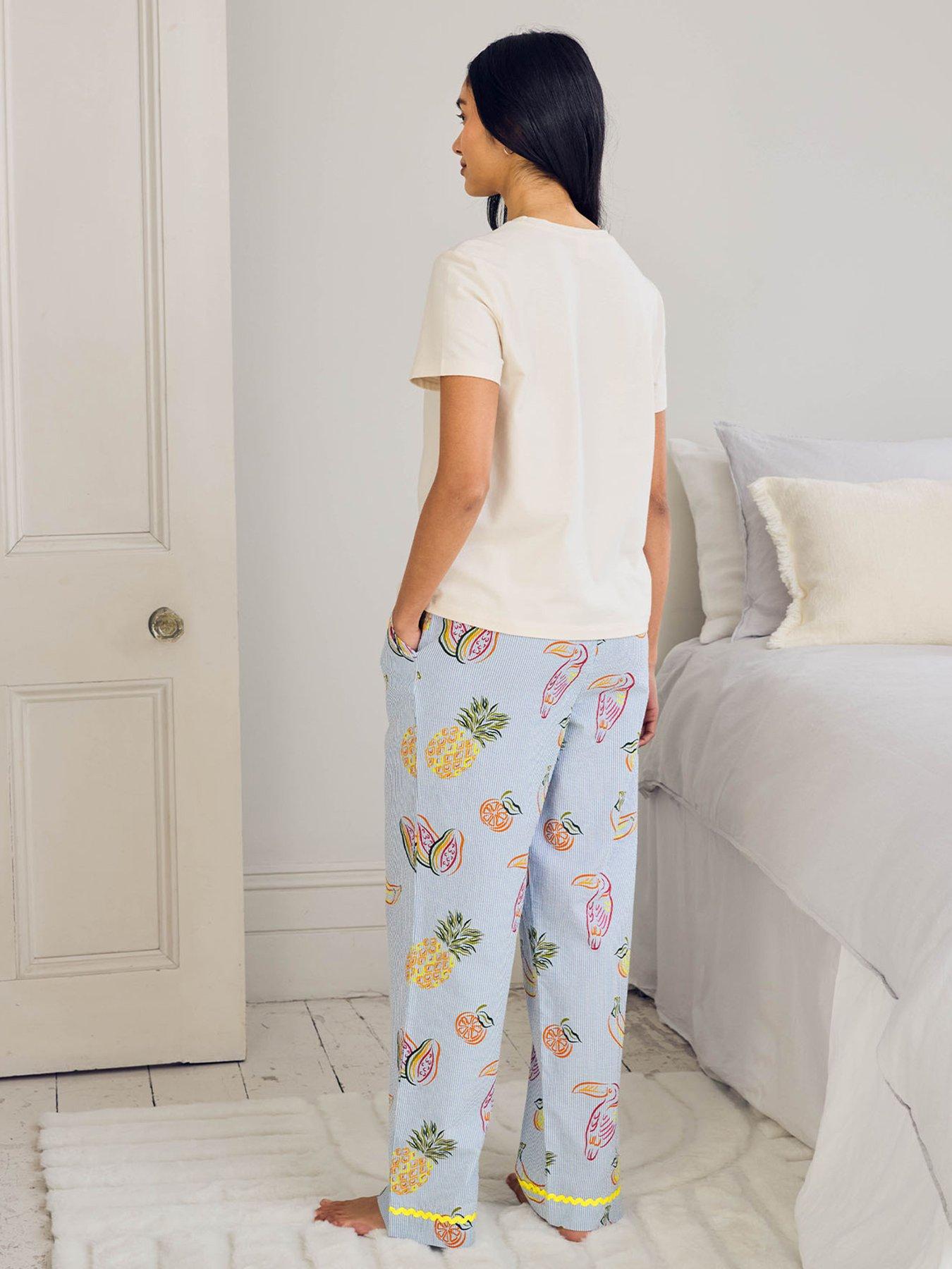 Image 2 of 6 of CHELSEA PEERS Cotton Toucan &amp; Fruit Stripe Print Long Pyjama Set - Multi