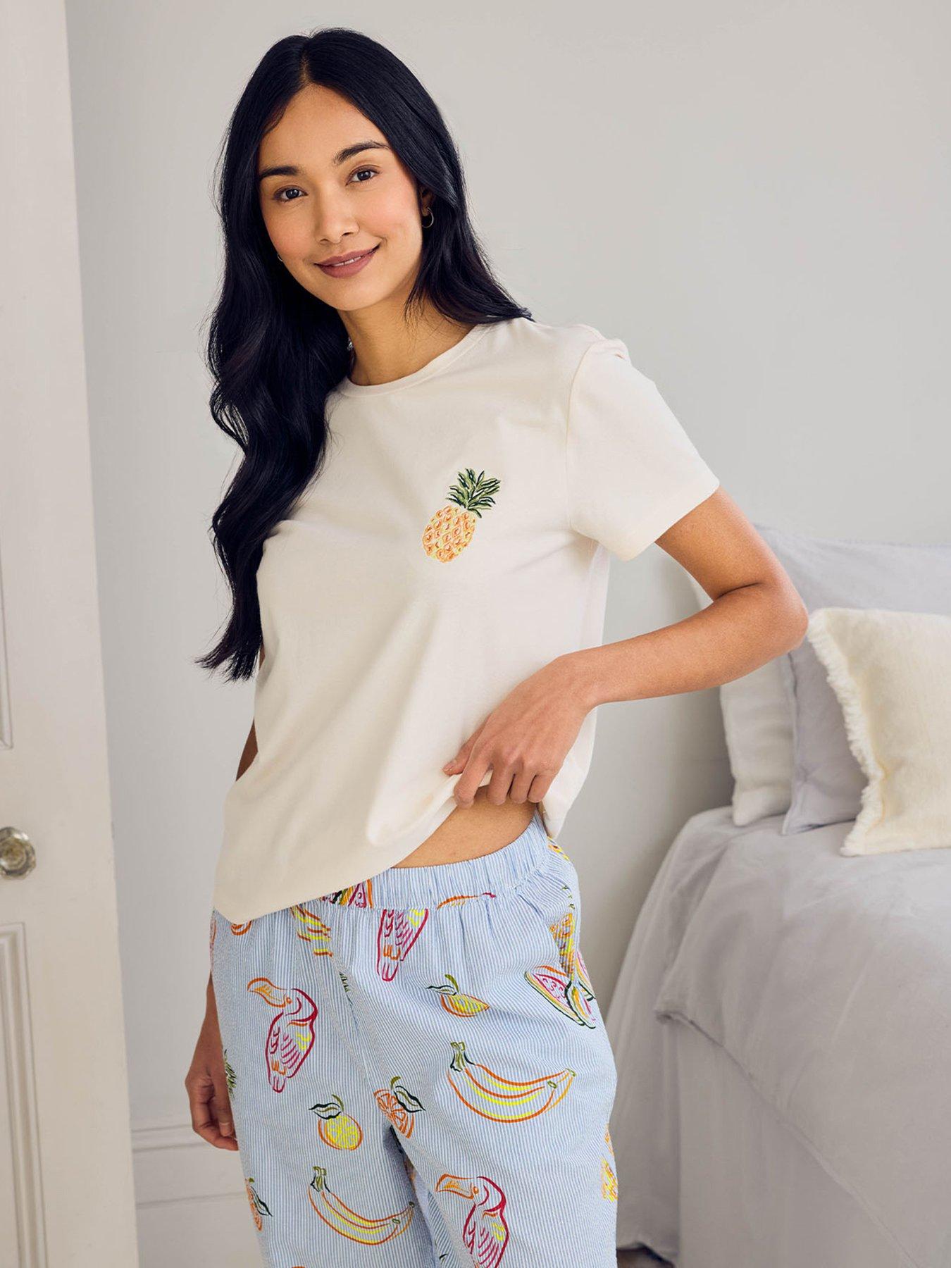 Image 3 of 6 of CHELSEA PEERS Cotton Toucan &amp; Fruit Stripe Print Long Pyjama Set - Multi