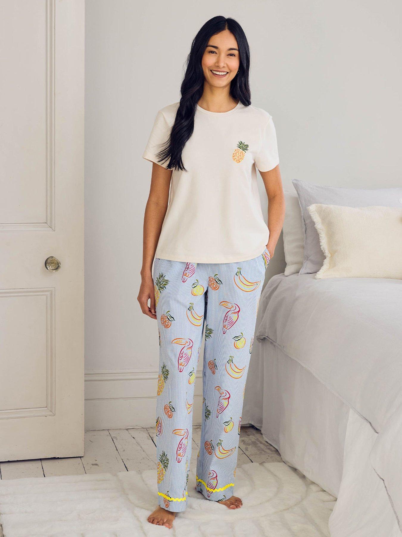 Image 6 of 6 of CHELSEA PEERS Cotton Toucan &amp; Fruit Stripe Print Long Pyjama Set - Multi