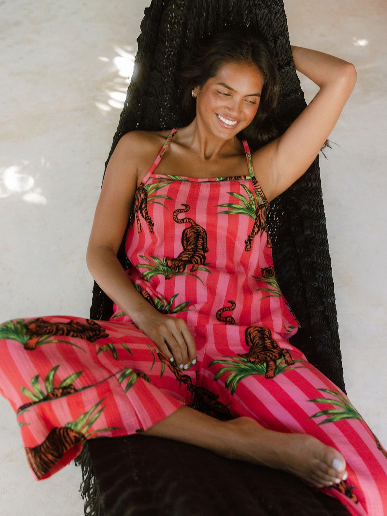 Image 1 of 7 of CHELSEA PEERS Cheesecloth Cottontiger Stripe Print Cami Long Pyjama Set - Pink