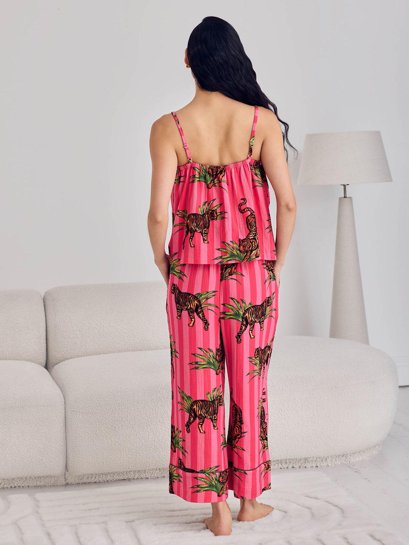 Image 2 of 7 of CHELSEA PEERS Cheesecloth Cottontiger Stripe Print Cami Long Pyjama Set - Pink