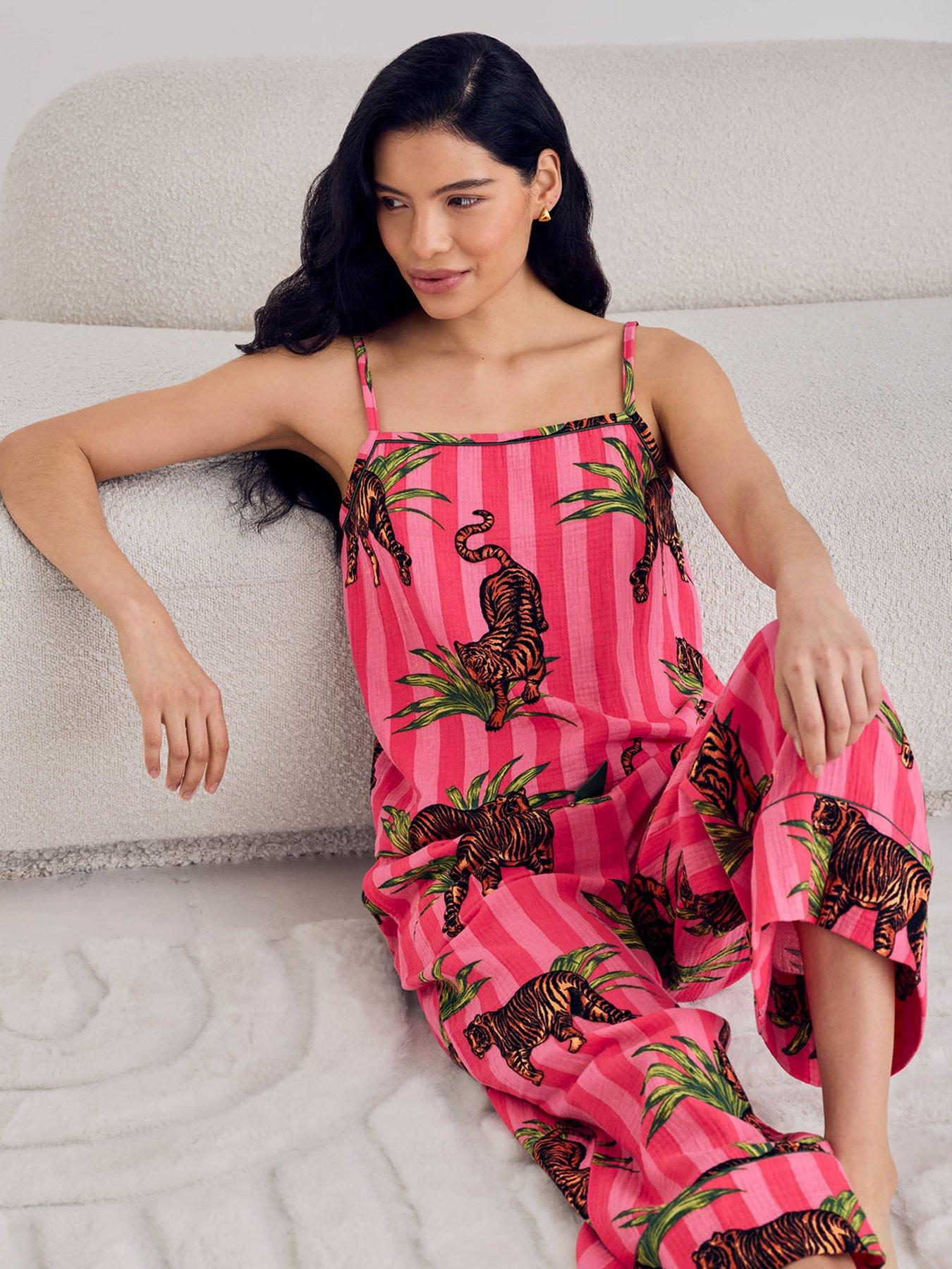 Image 3 of 7 of CHELSEA PEERS Cheesecloth Cottontiger Stripe Print Cami Long Pyjama Set - Pink