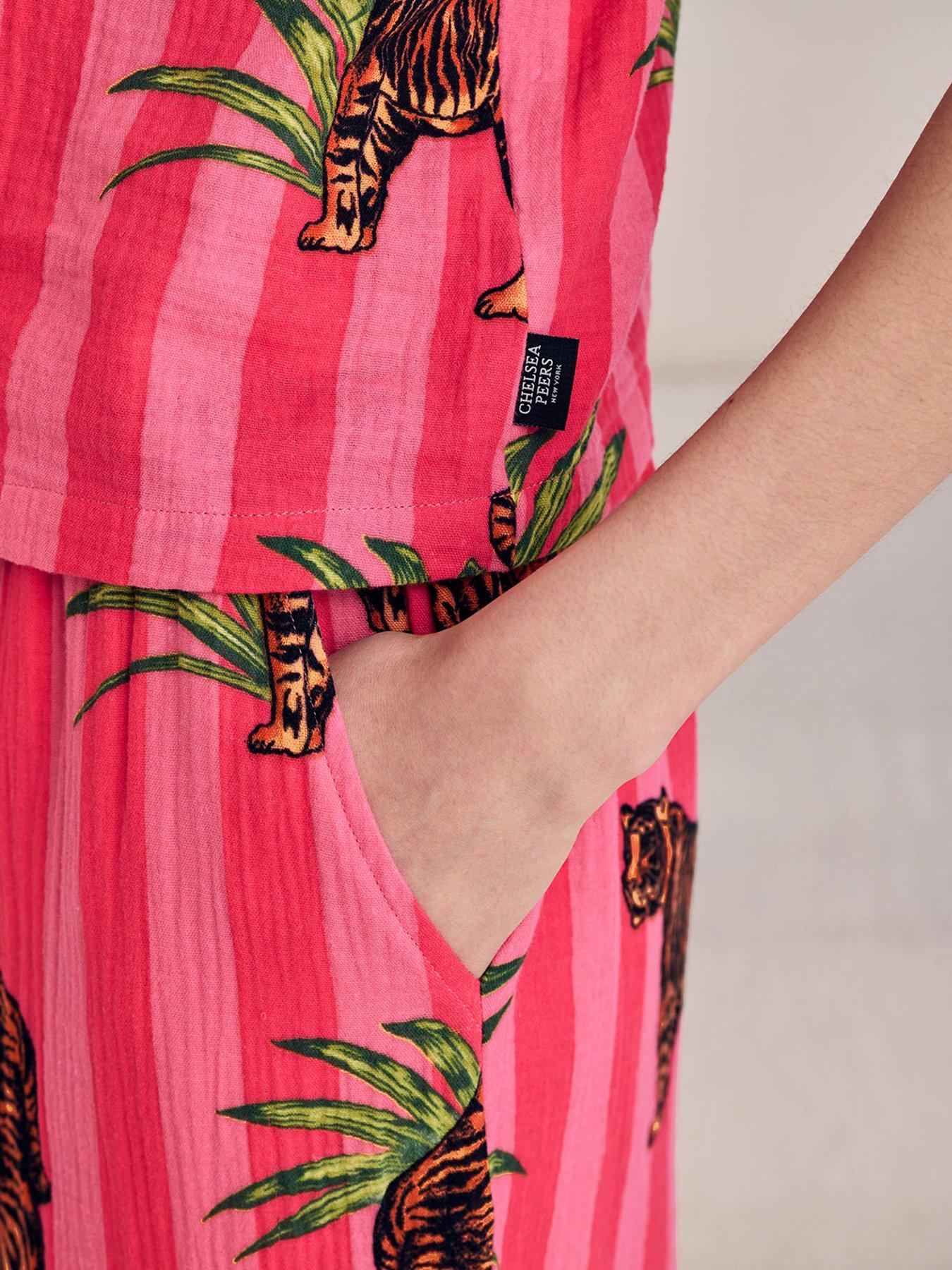 Image 5 of 7 of CHELSEA PEERS Cheesecloth Cottontiger Stripe Print Cami Long Pyjama Set - Pink