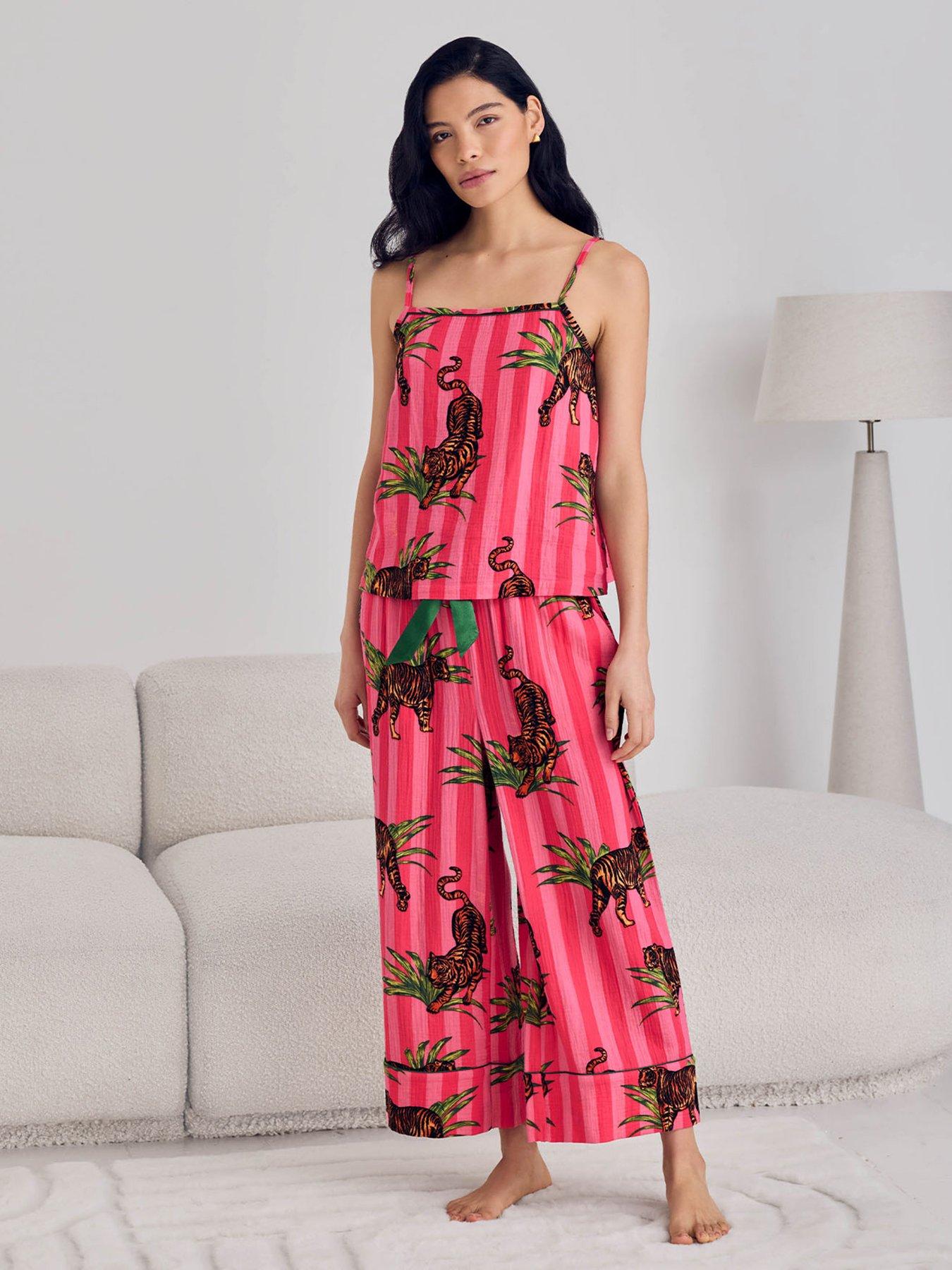 Image 6 of 7 of CHELSEA PEERS Cheesecloth Cottontiger Stripe Print Cami Long Pyjama Set - Pink